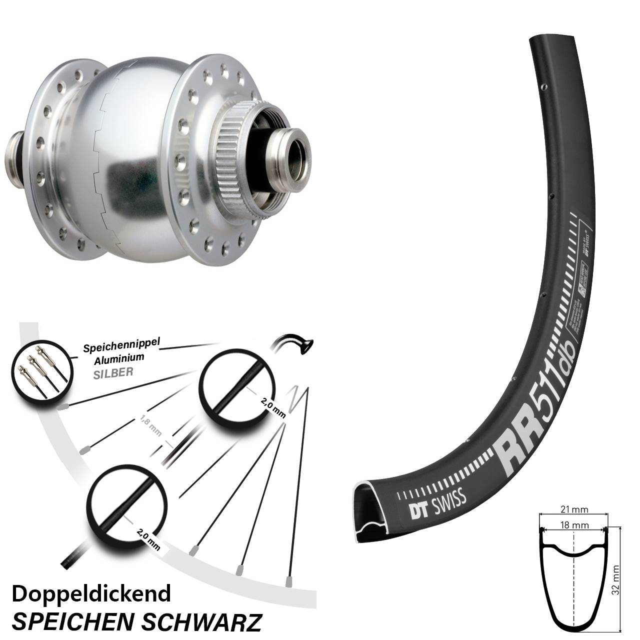 Vorderrad 28 Zoll DT Swiss RR 511 mit SON delux Nabendynamo Disc silber