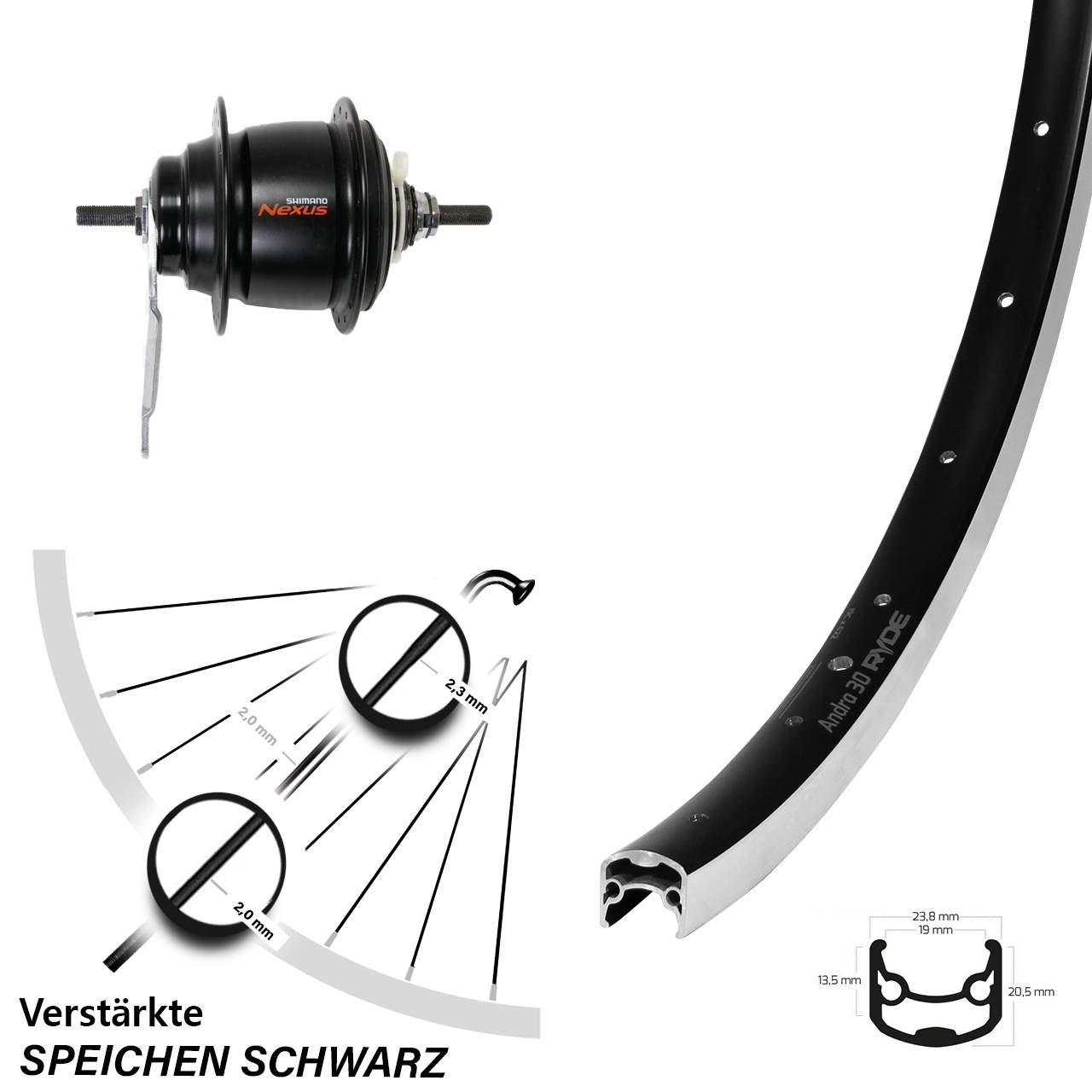 Ryde Andra 30 Hinterrad 26 Zoll Shimano Nexus 8 Gang