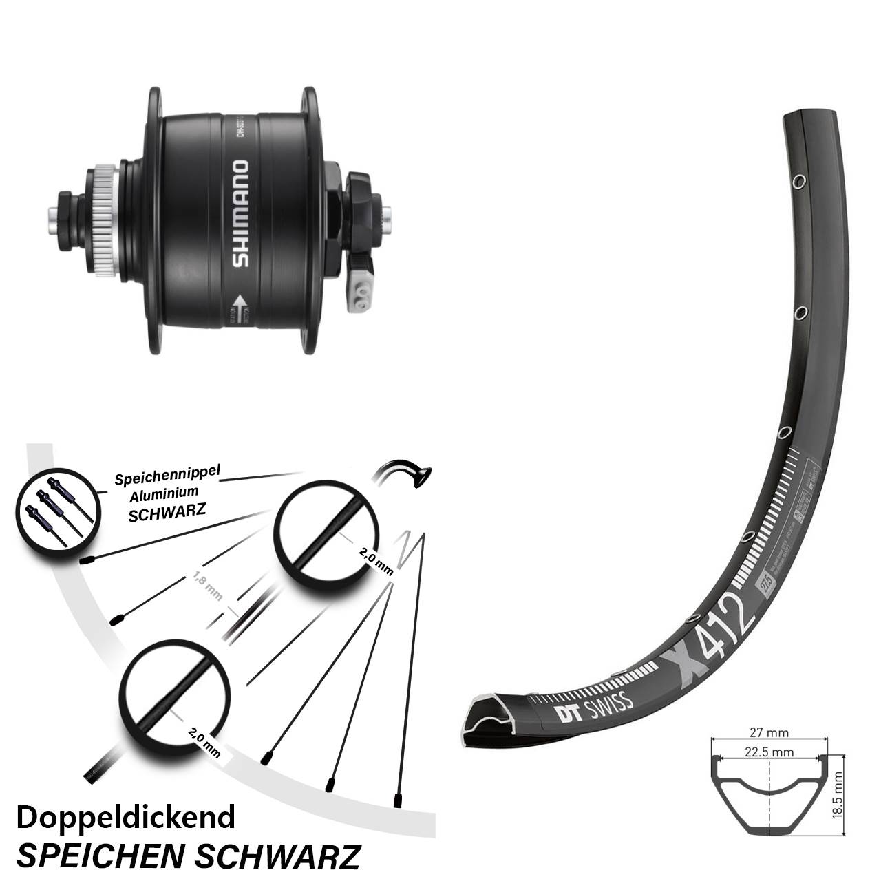 28-29 Zoll DT Swiss X412 Shimano DH-3D37 Dynamo-Vorderrad Centerlock QR