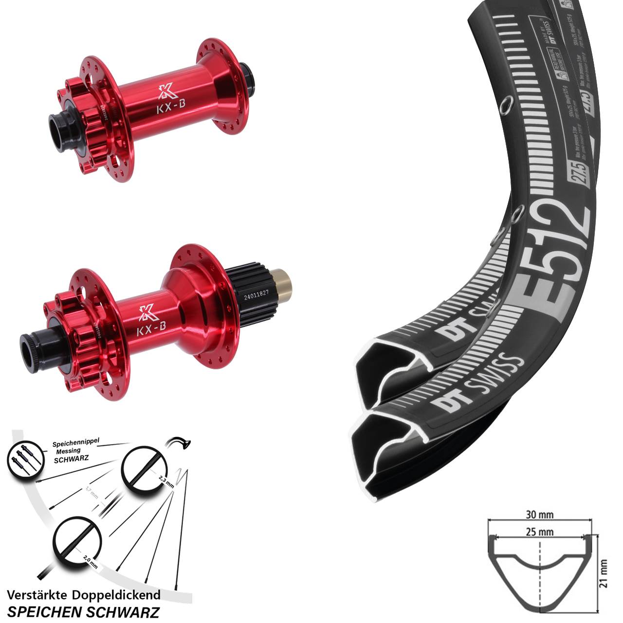 Disc Laufrad-Satz 15x110 12x148 650B DT Swiss E512 KX-B rot Shimano Micro Spline