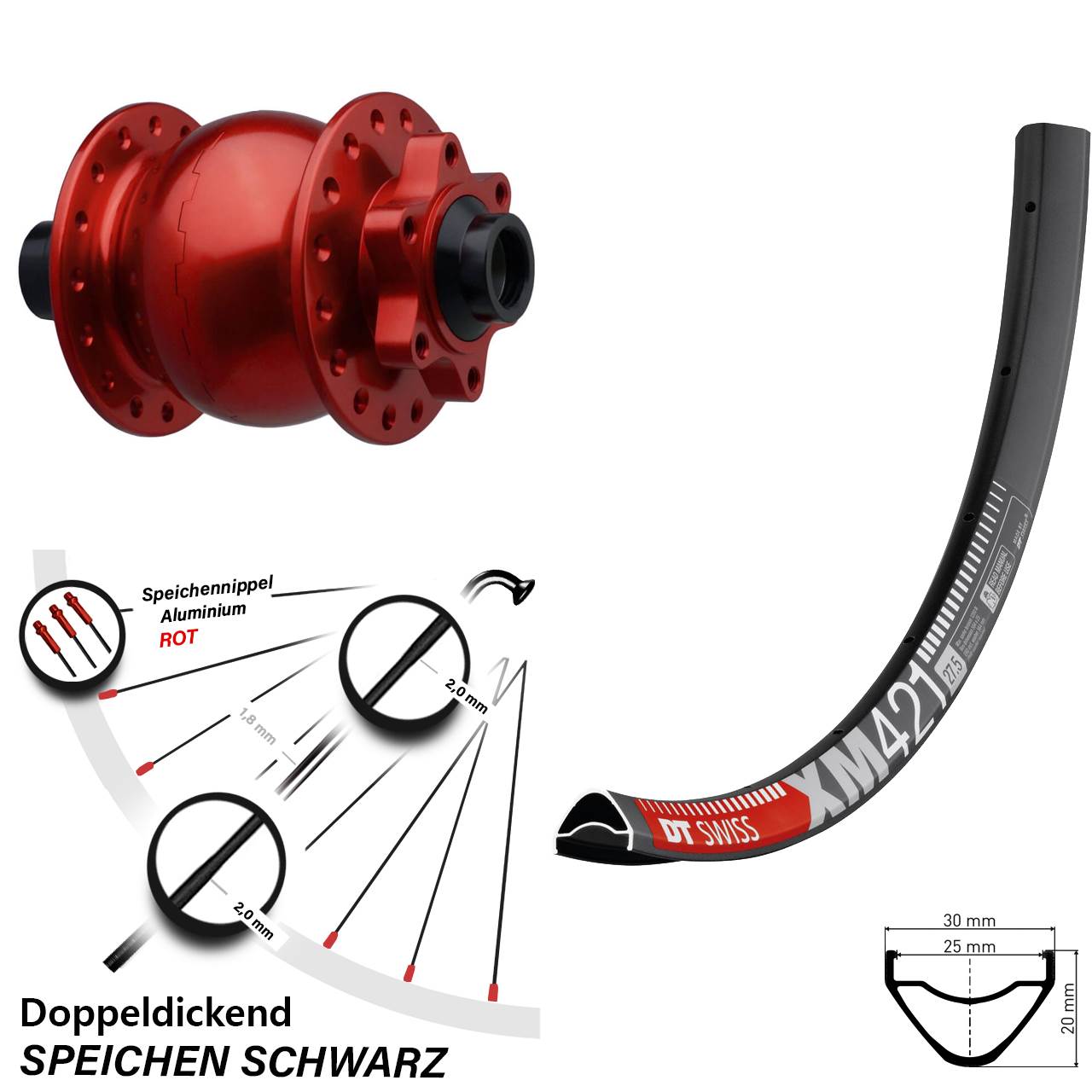 DT Swiss XM 421 Boost Vorderrad mit Nabendynamo Son 28-15 6-Loch rot 27,5 Zoll