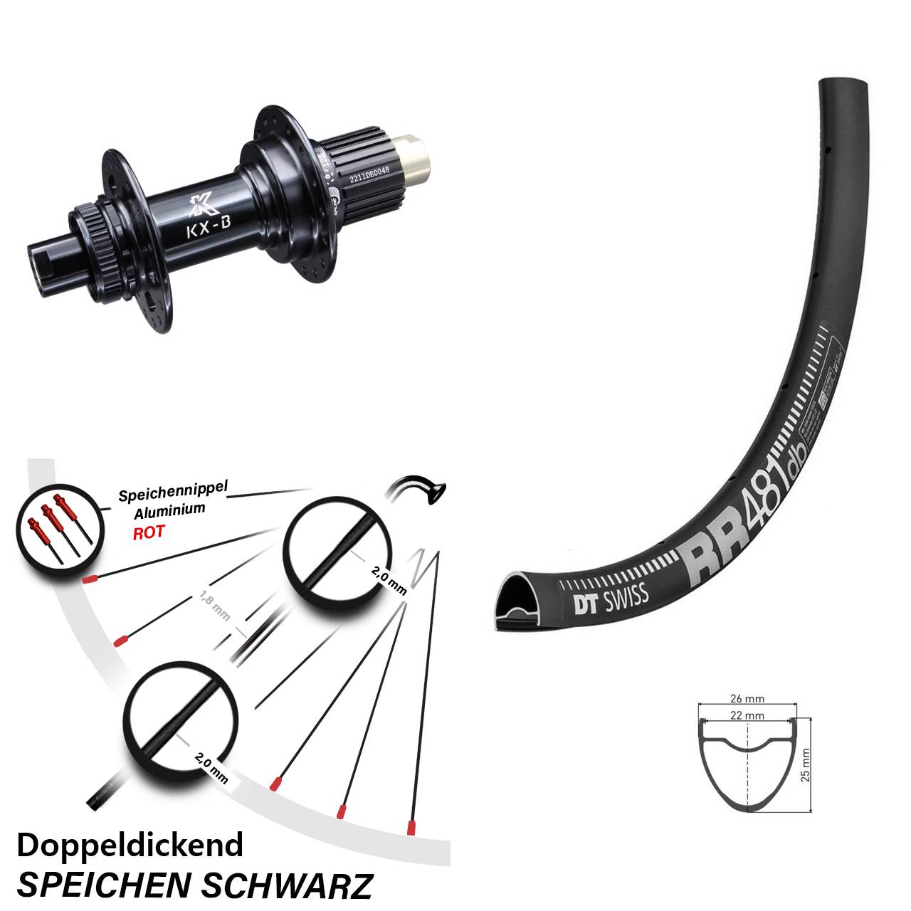 Laufrad 28 Zoll DT Swiss RR 481 Disc KX-B Centerlock 12/148 Boost Micro Spline schwarz
