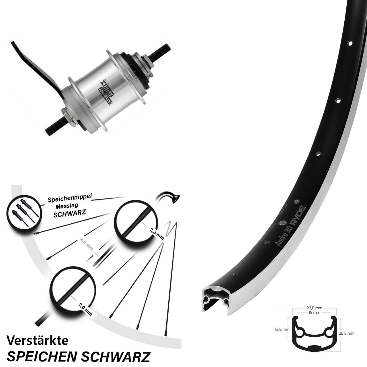Hinterrad 26 Zoll Ryde Andra 30 Sturmey Archer IHS3C 3 Gang Rücktritt