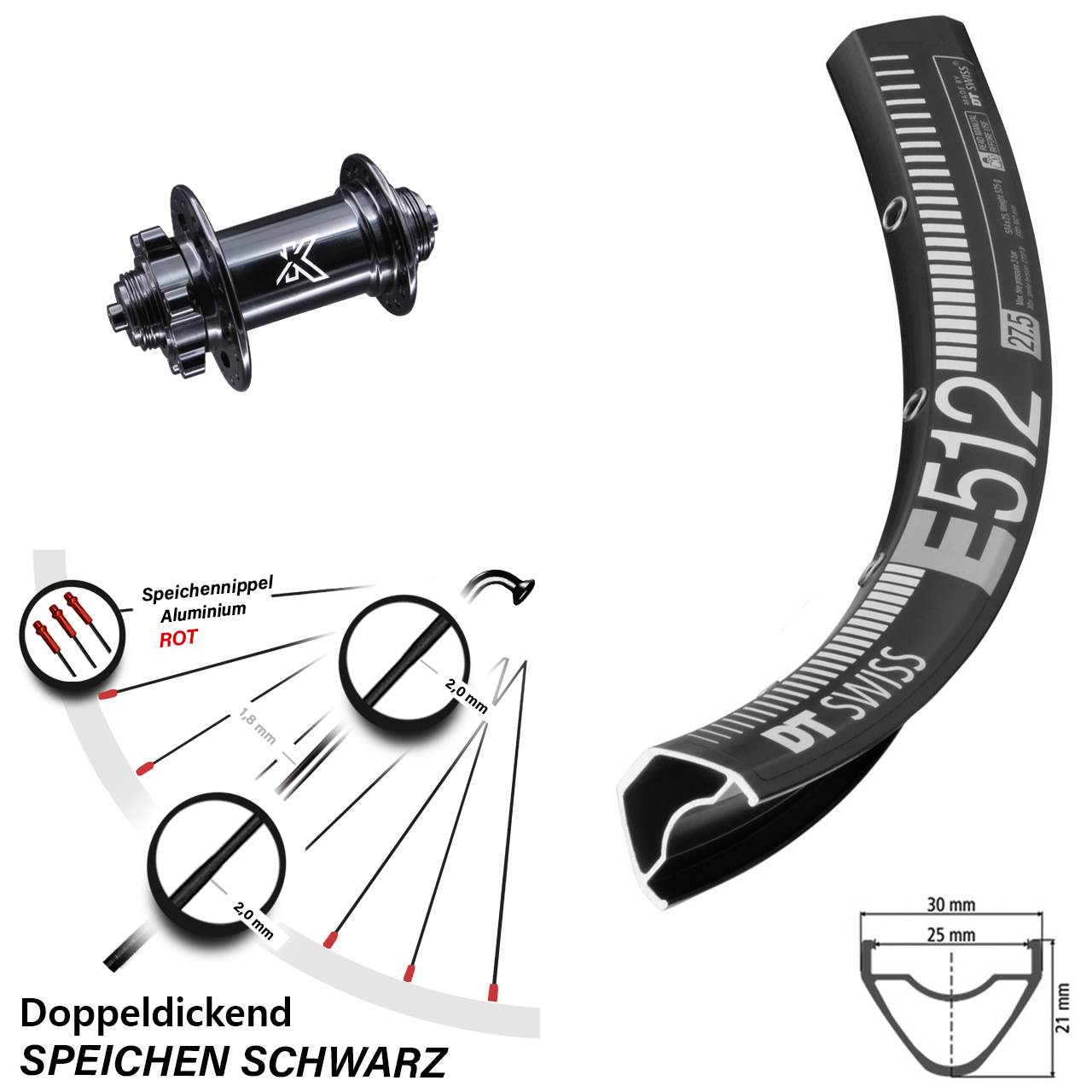 schwarzes 29 Zoll MTB Enduro Vorderrad DT Swiss E 512 mit KX-M 6-Loch Disc 5x100 mm