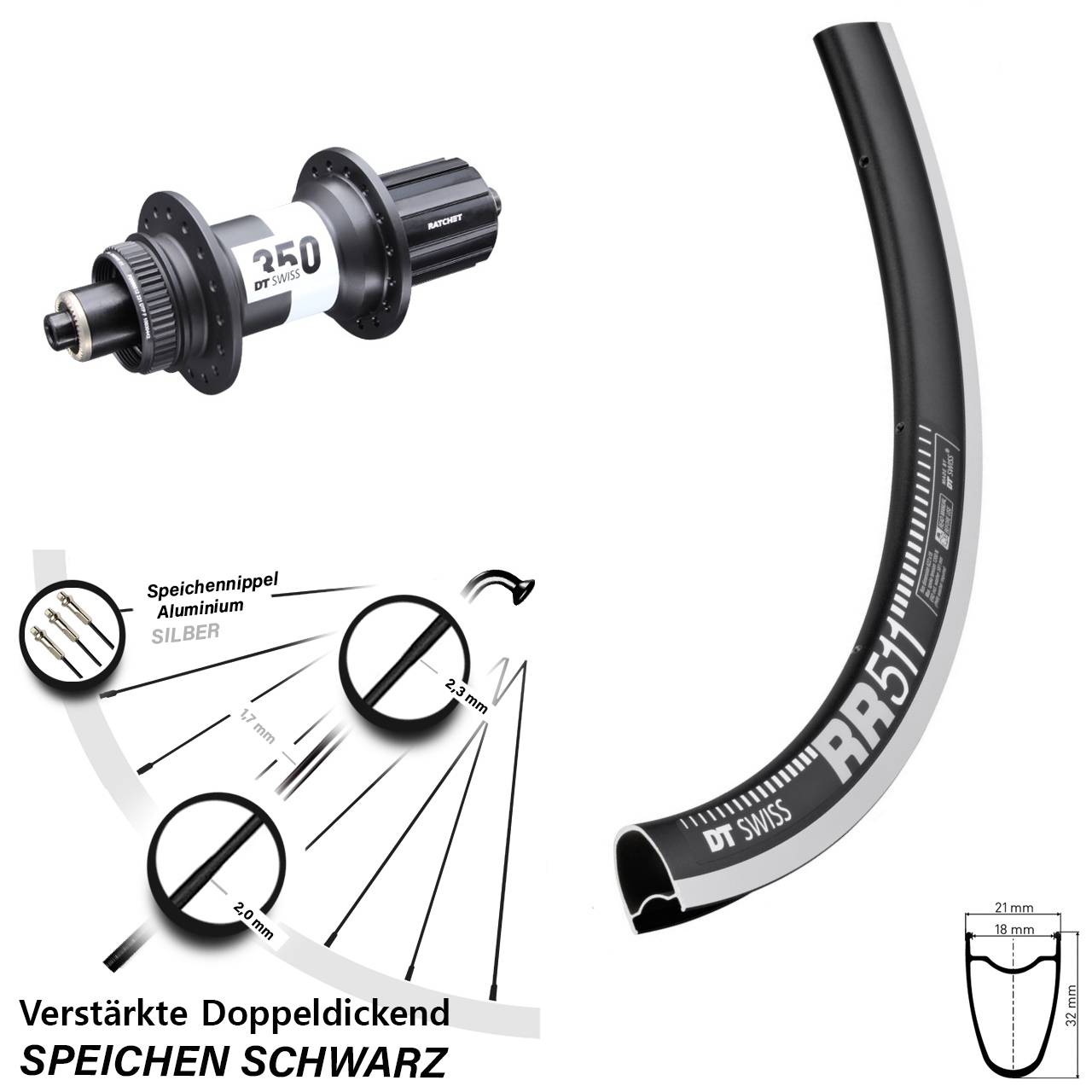 Hinterrad 28 Zoll DT Swiss RR511 CNC-350 5x135 8-11 fach