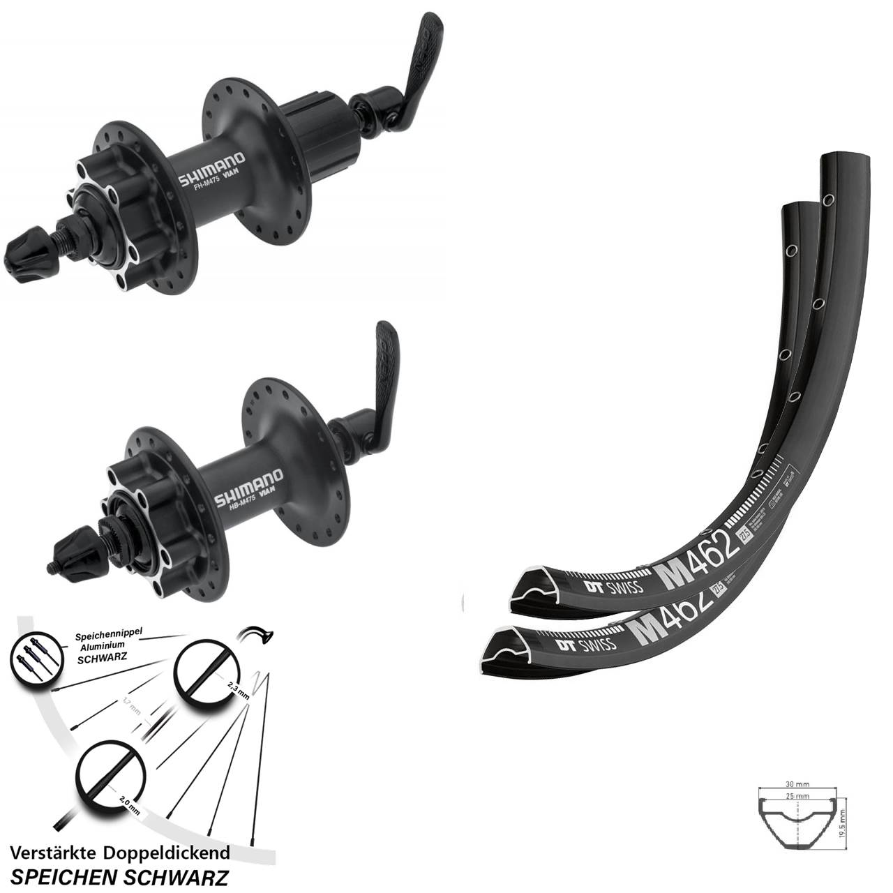 Laufradsatz 6-Loch QR 650B DT Swiss M462 Shimano HB-M475 Shimano FH-M475 8-11 fach