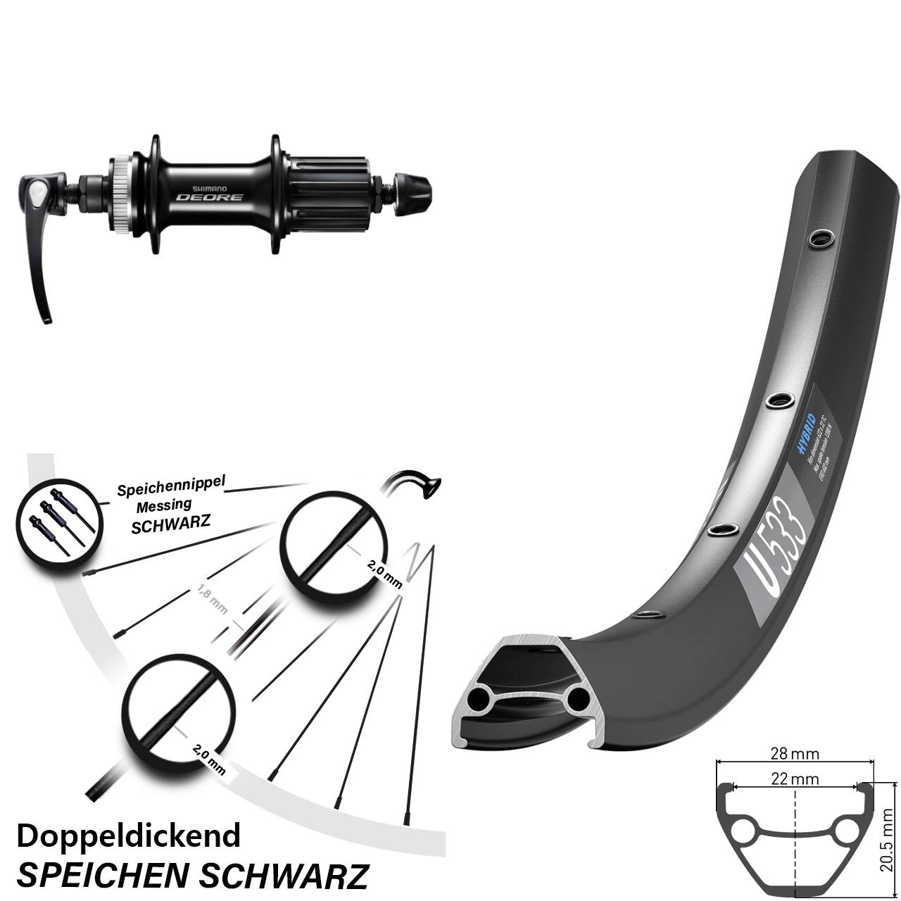 26 Zoll DT Swiss U533 Shimano Deore Centerlock Hinterrad QR 8-11 fach