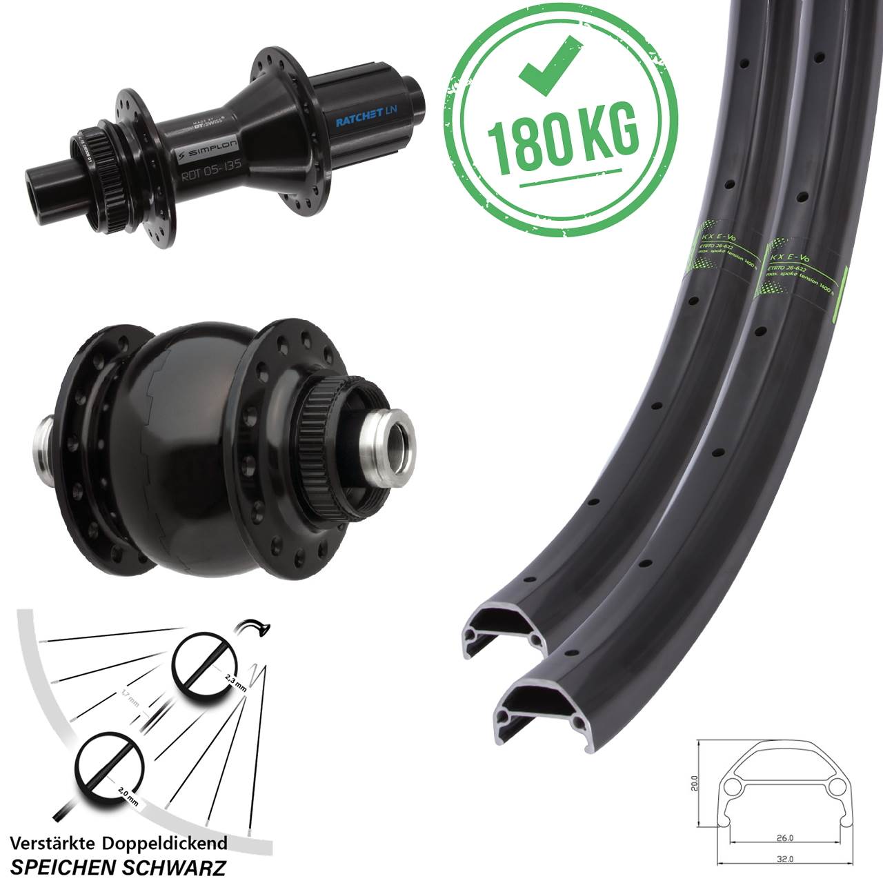 Laufradsatz Disc 12x100/142 20 Zoll 27,5 Zoll KX Evo DT Swiss 370 Hybrid SON 28 8-11 fach