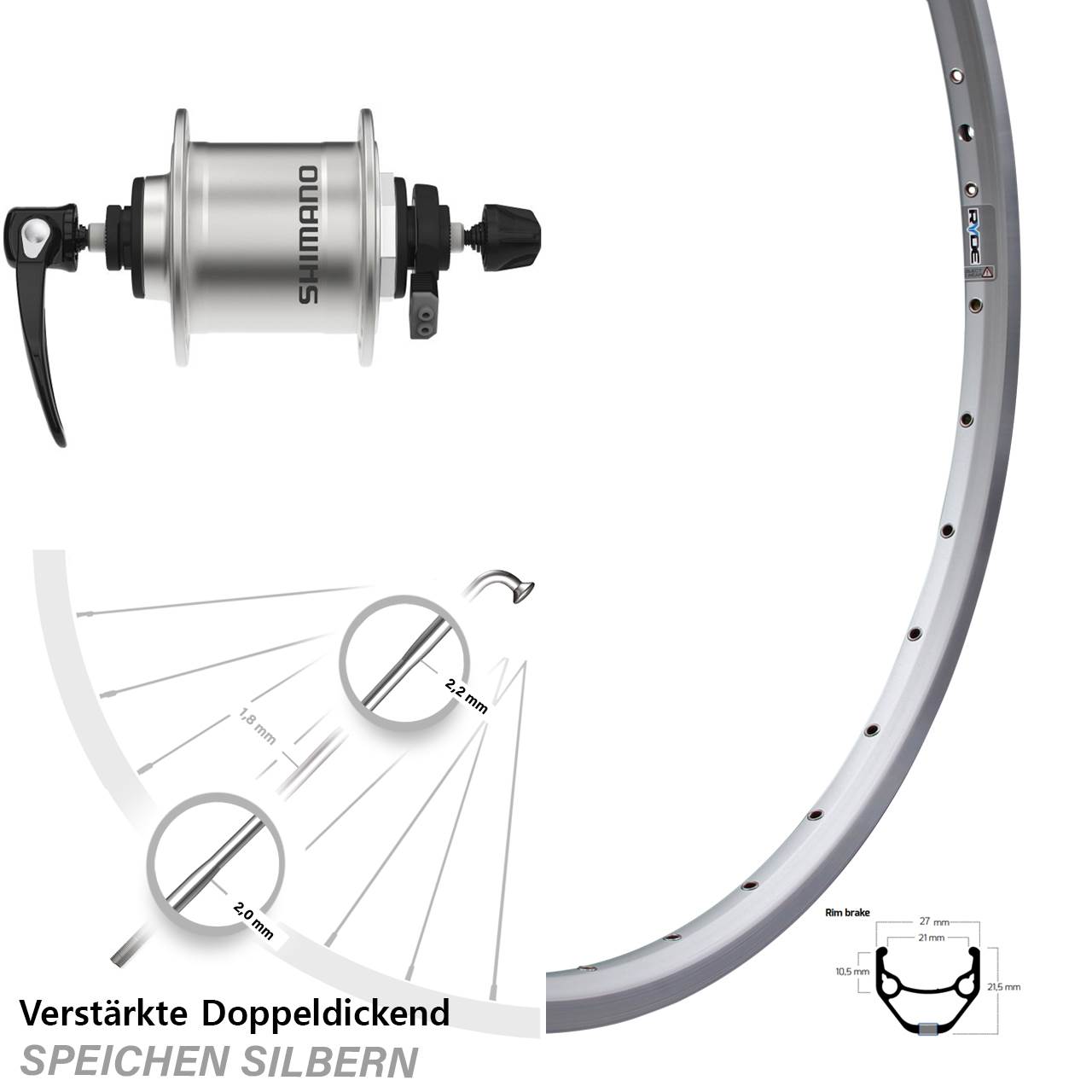 Vorderrad Fahrrad 28 Zoll Ryde ZAC 421 Shimano DH-T4000 silbern