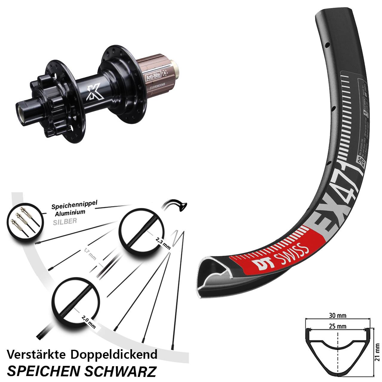 26 Zoll MTB Hinterrad KX-M 6-loch DT Swiss EX 471 8-12 fach