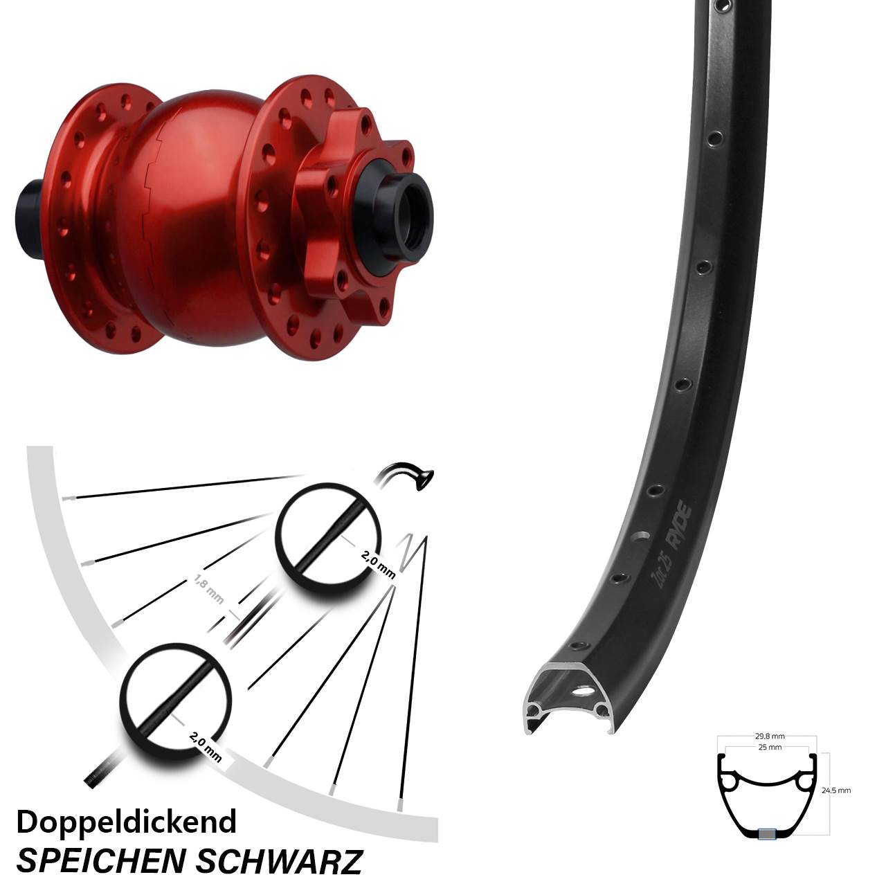 Ryde ZAC 25 SON 28 Zoll rot Disc Nabendynamolaufrad 15x110 Boost