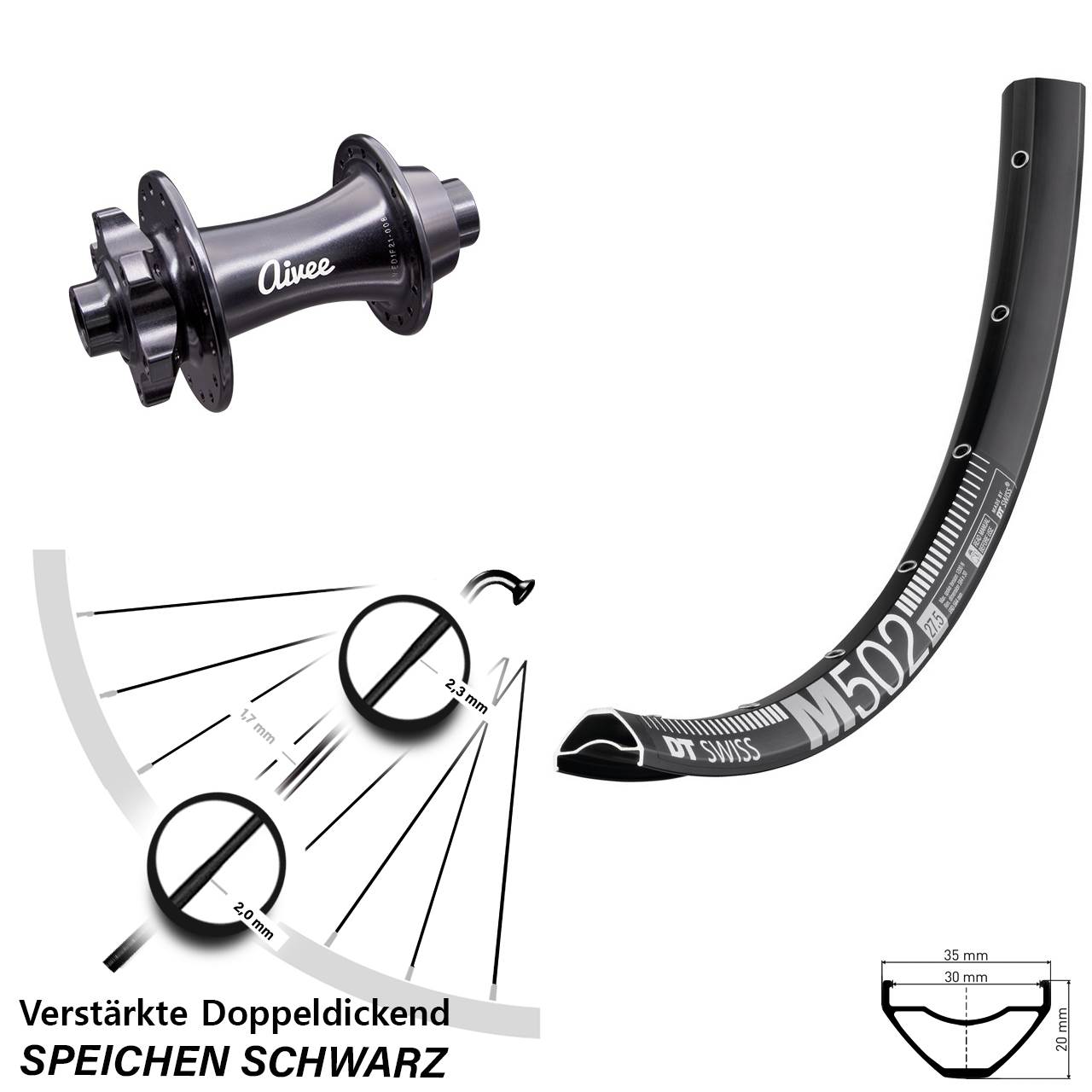 29 Zoll DT Swiss M 502 Aivee Vorderrad 6-Loch 15x110 Boost