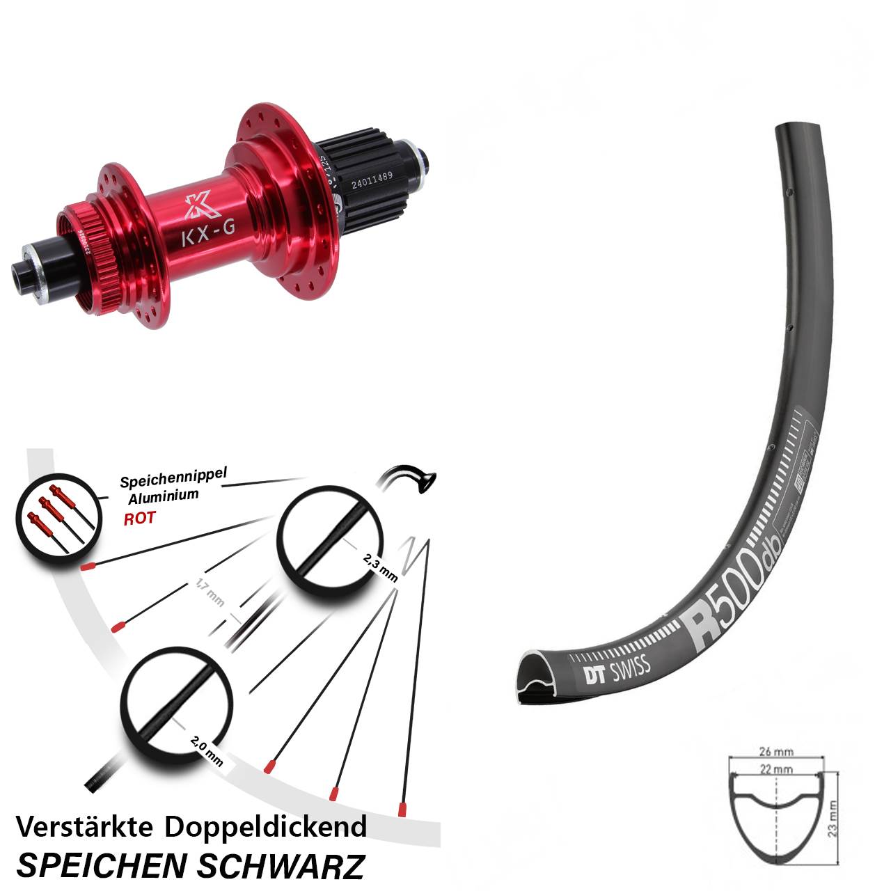 Hinterrad Centerl. für Schnellspanner 29 Zoll DT Swiss R 500 KX-G rot Shimano Micro Spline
