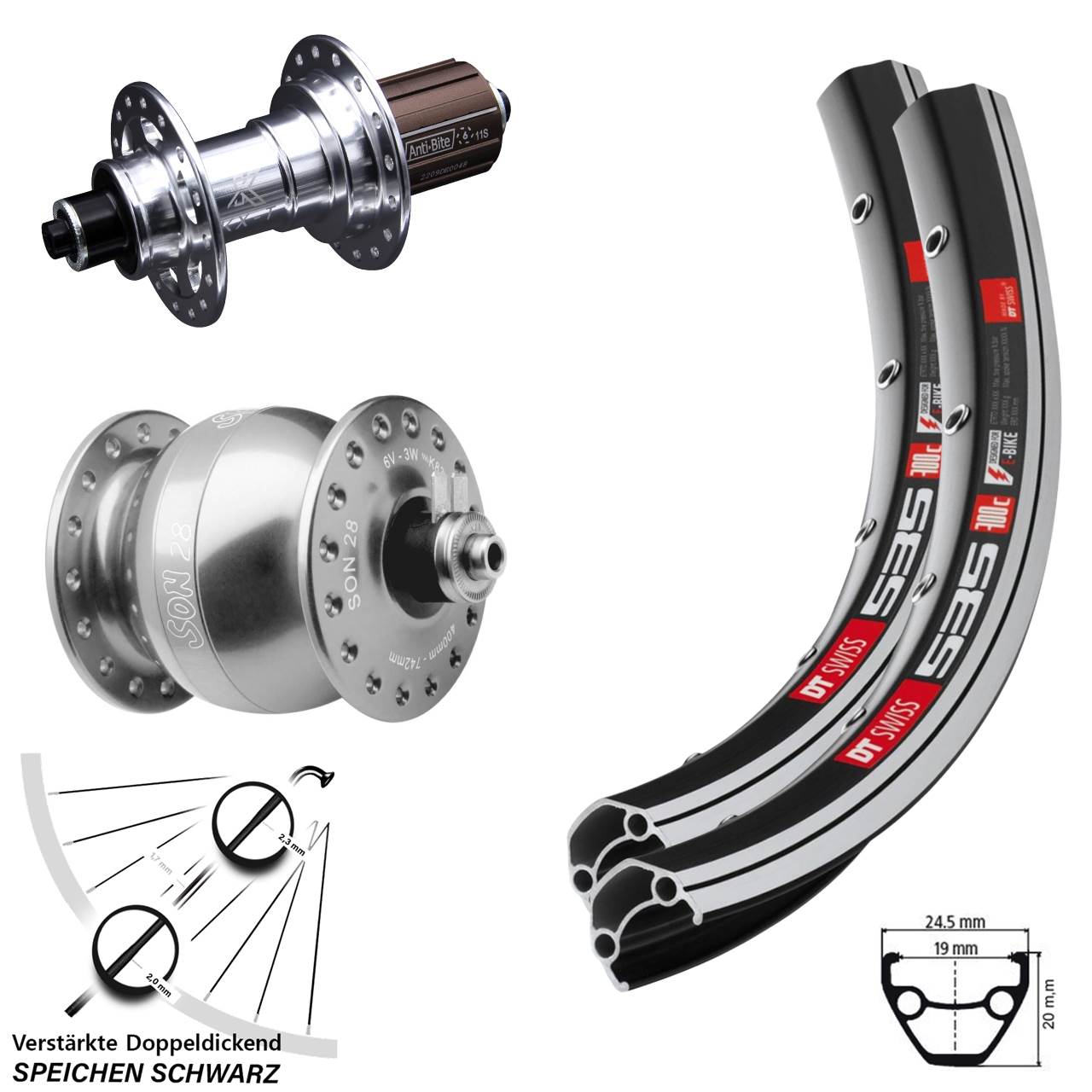 SON 28 Zoll DT Swiss 535 KX-T Laufradsatz 5x100/130 8-12 fach HG