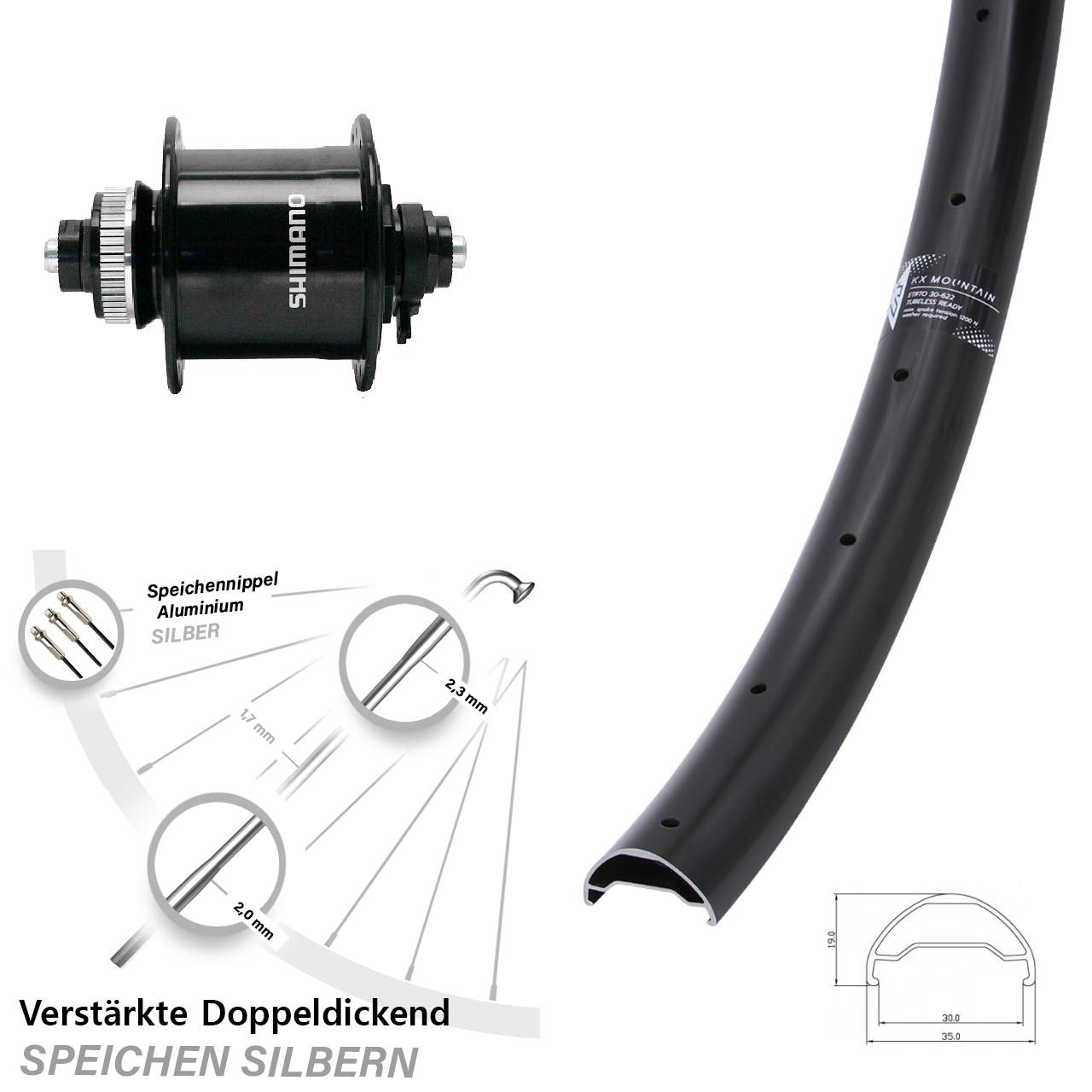 KX Mountain Shimano DH-UR700-3D 29 Zoll Nabendynamovorderrad Centerlock für Schnellspanner