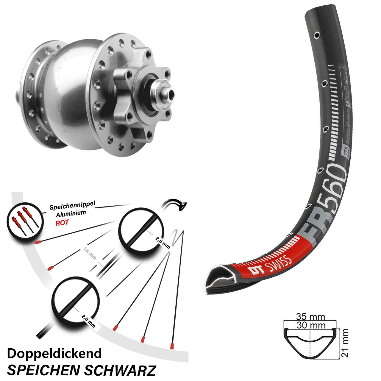6-Loch Dynamo-Vorderrad 26 Zoll DT Swiss FR 560 SON 28 silbern für Schnellspanner