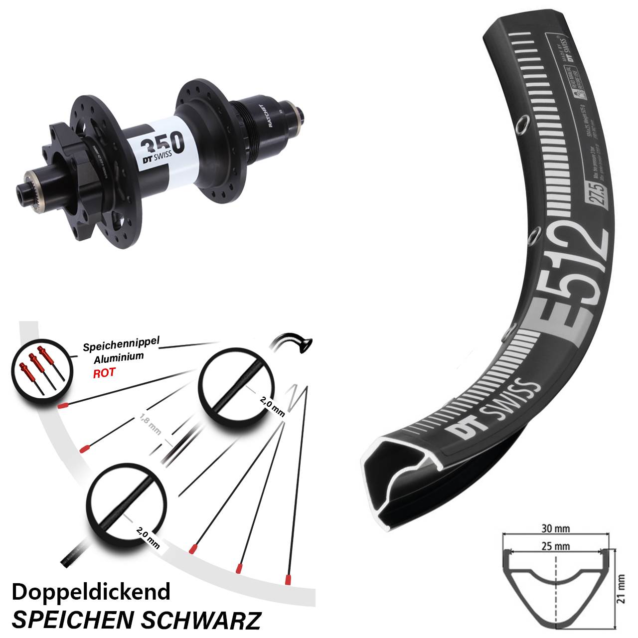 Hinterrad 27,5 Zoll DT Swiss E 512-350 6-Loch XD QR
