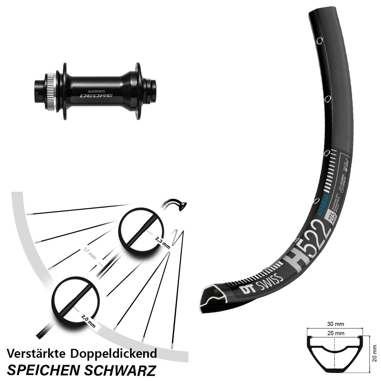 27,5 Zoll DT Swiss H 522 Shimano Deore HB-M6010 Centerlock Vorderrad 15x110 Boost