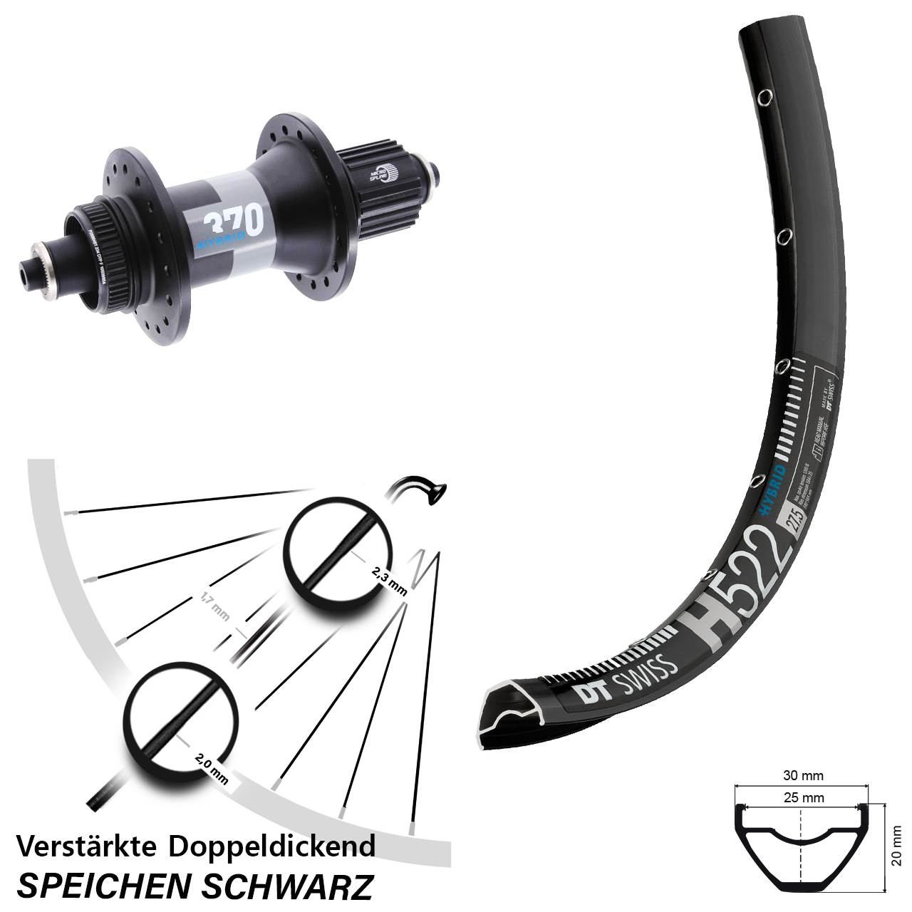 28-29 Zoll DT Swiss H 522-370 Hybrid Centerlock Hinterrad Micro Spline