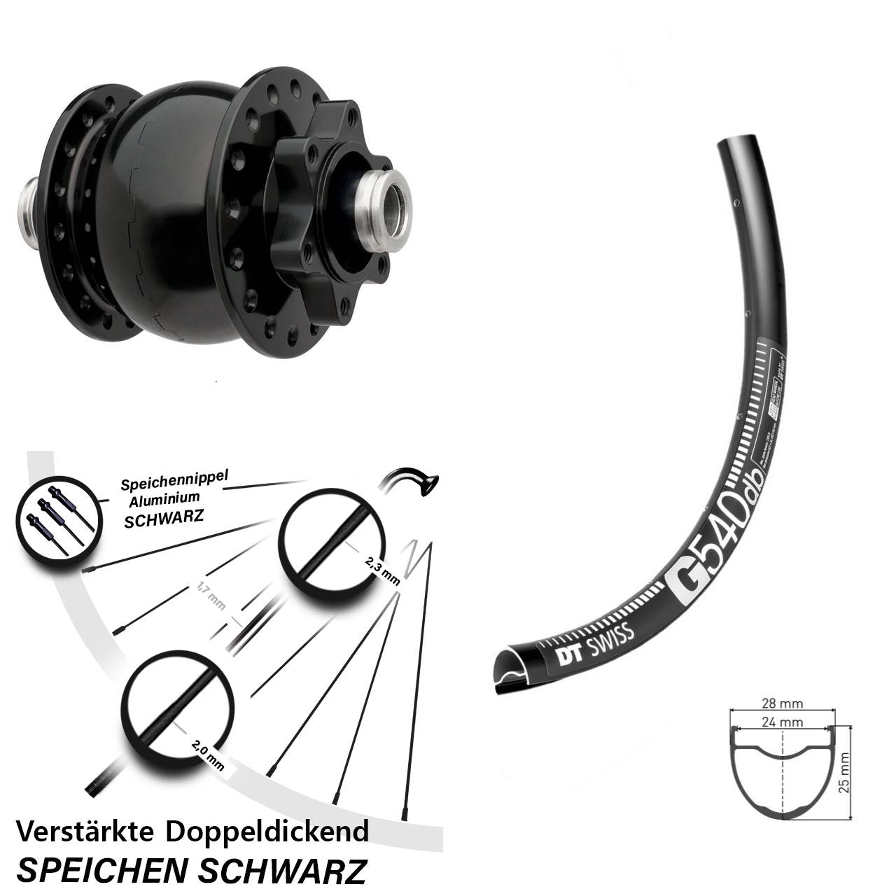 Nabendynamo SON 28 Disc 6-Loch 12x100 Steckachse DT Swiss G540 Vorderrad 27,5 Zoll schwarz