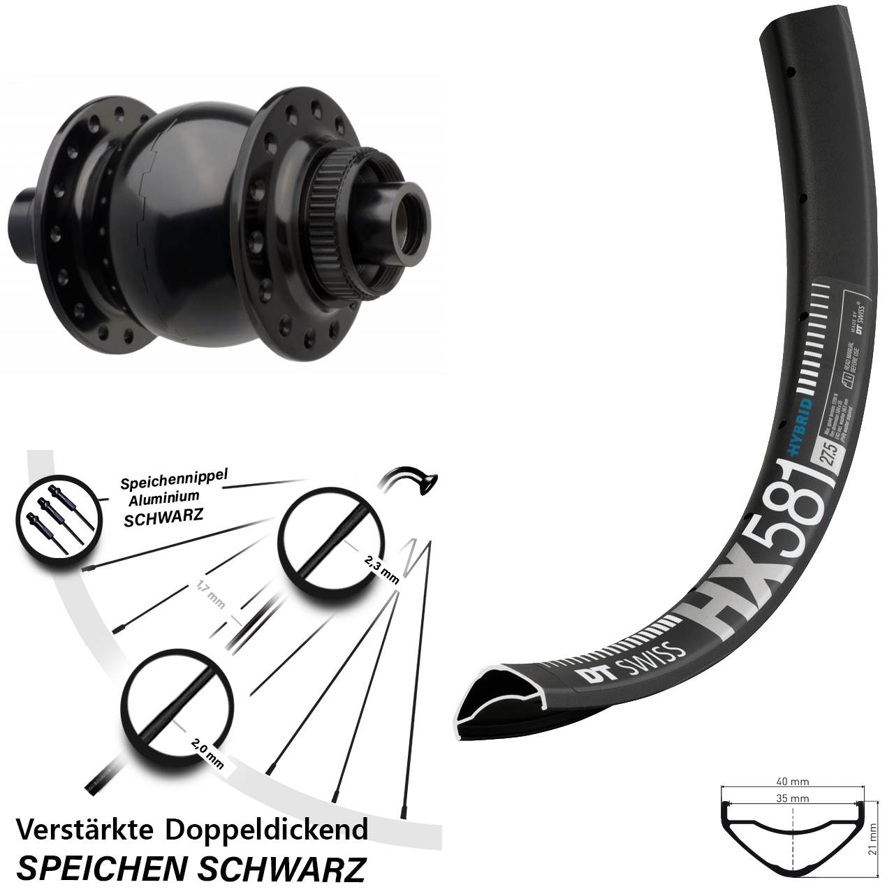 SON 28 DT Swiss HX 581 27,5 Zoll Nabendynamovorderrad Centerlock 15x110 Boost