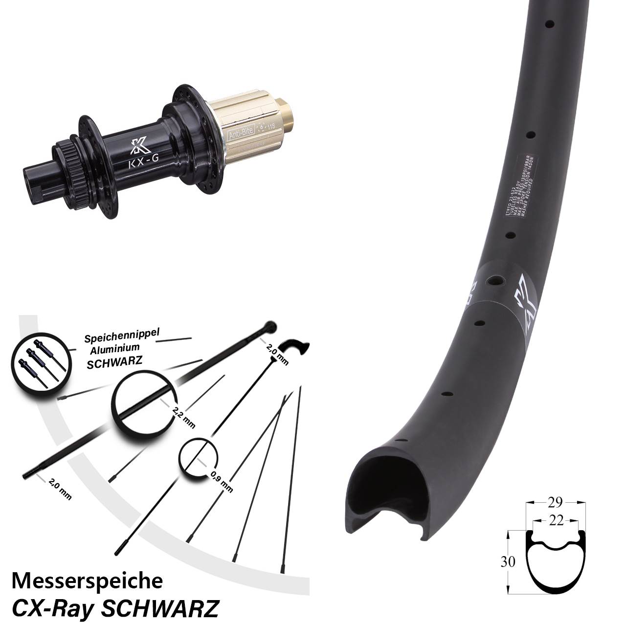 KX-RC Gravel Carbon Hinterrad Centerlock 12x142 CX-Ray Messerspeichen 28 Zoll 8-12 fach