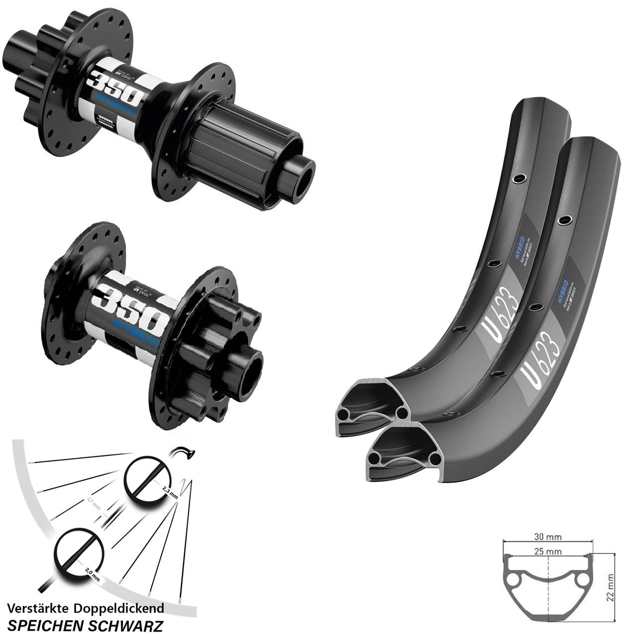 DT Swiss U 623-350 Hybrid 29 Zoll Disc Laufrad-Satz 15x110 12x148 Boost 8-11 fach