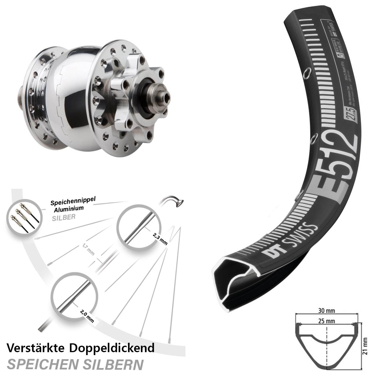 Vorderrad 29 Zoll DT Swiss E 512 SON 28 6-Loch QR silbern poliert