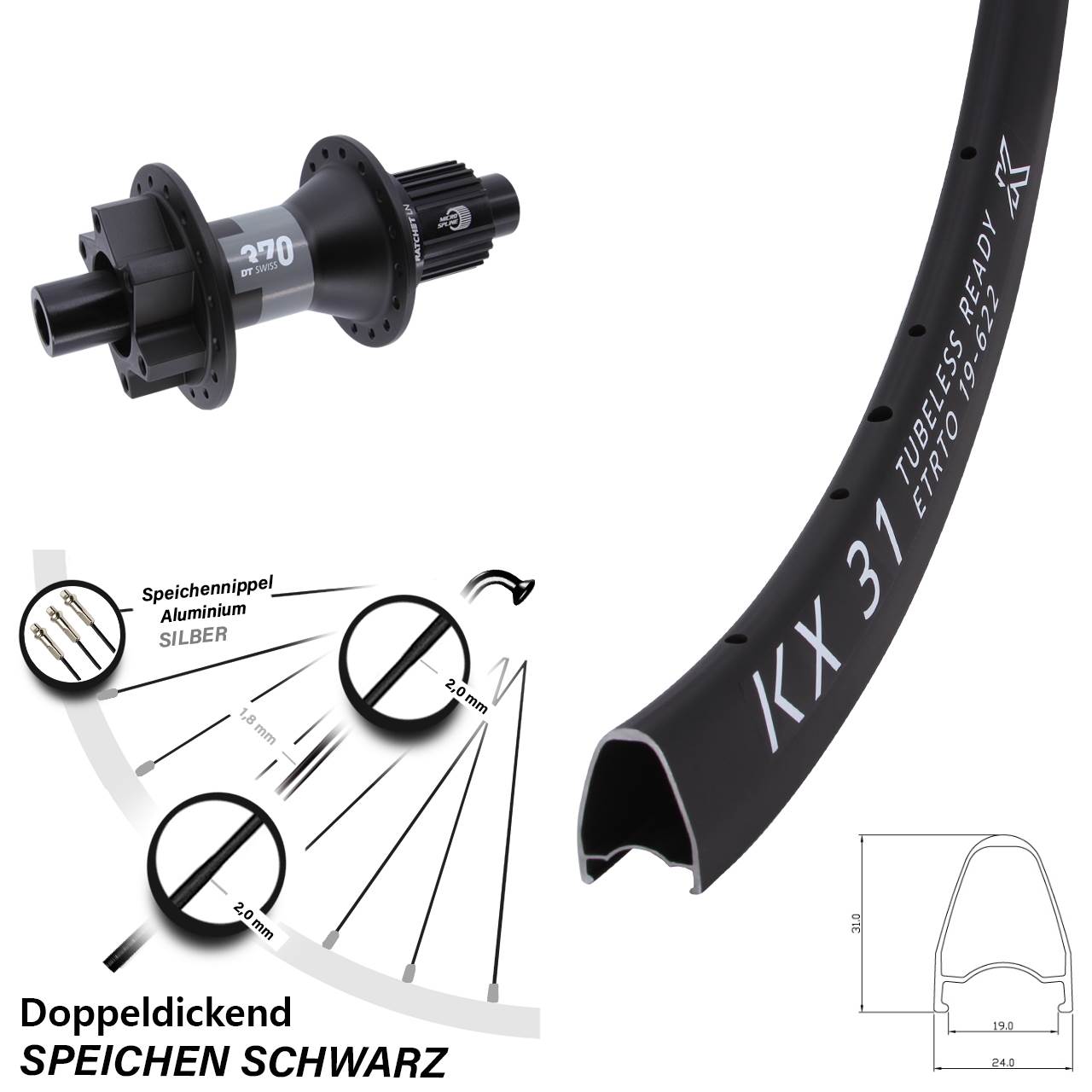Disc Hinterrad 28 Zoll KX31 DT Swiss 370 Micro Spline 12x142