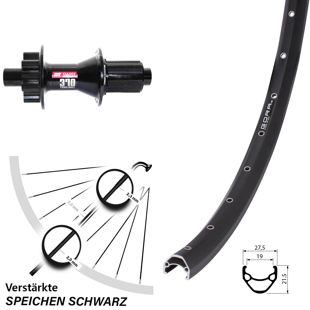 28 Zoll Gora 19 DT Swiss 370 Hybrid Disc Hinterrad 12x142 8-11 fach HG