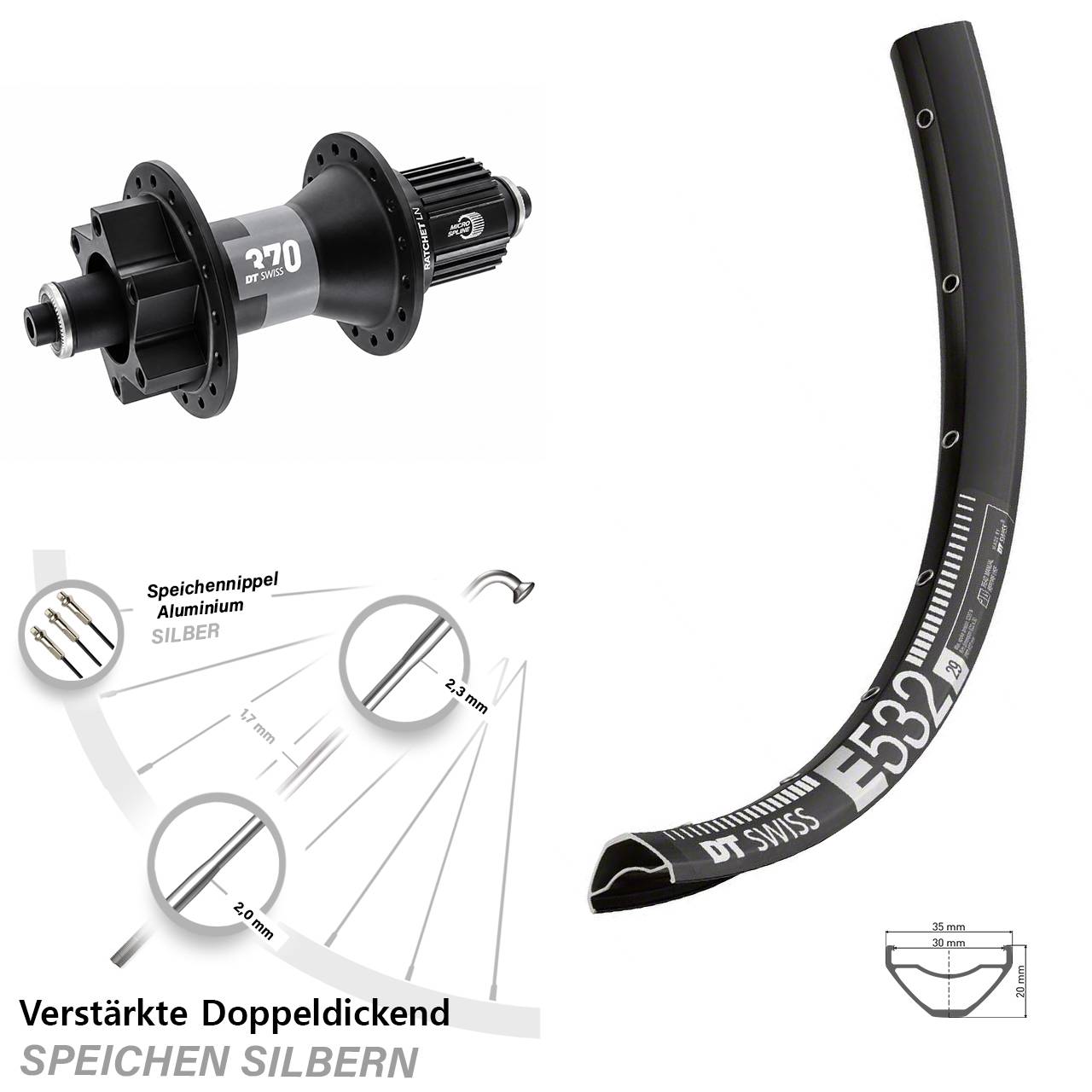 29 Zoll DT Swiss E 532-370 Hybrid Hinterrad 6-Loch Disc QR Shimano Micro Spline