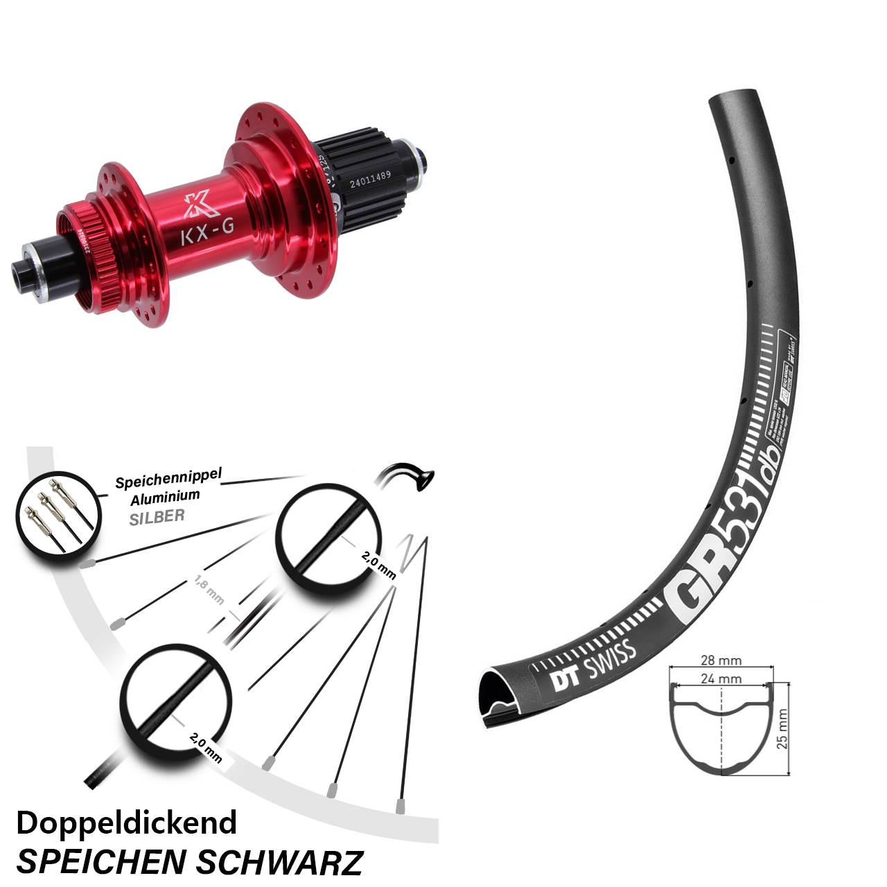 Disc Laufrad 650B DT Swiss GR531 KX-G rot Micro Spline für Schnellspanner