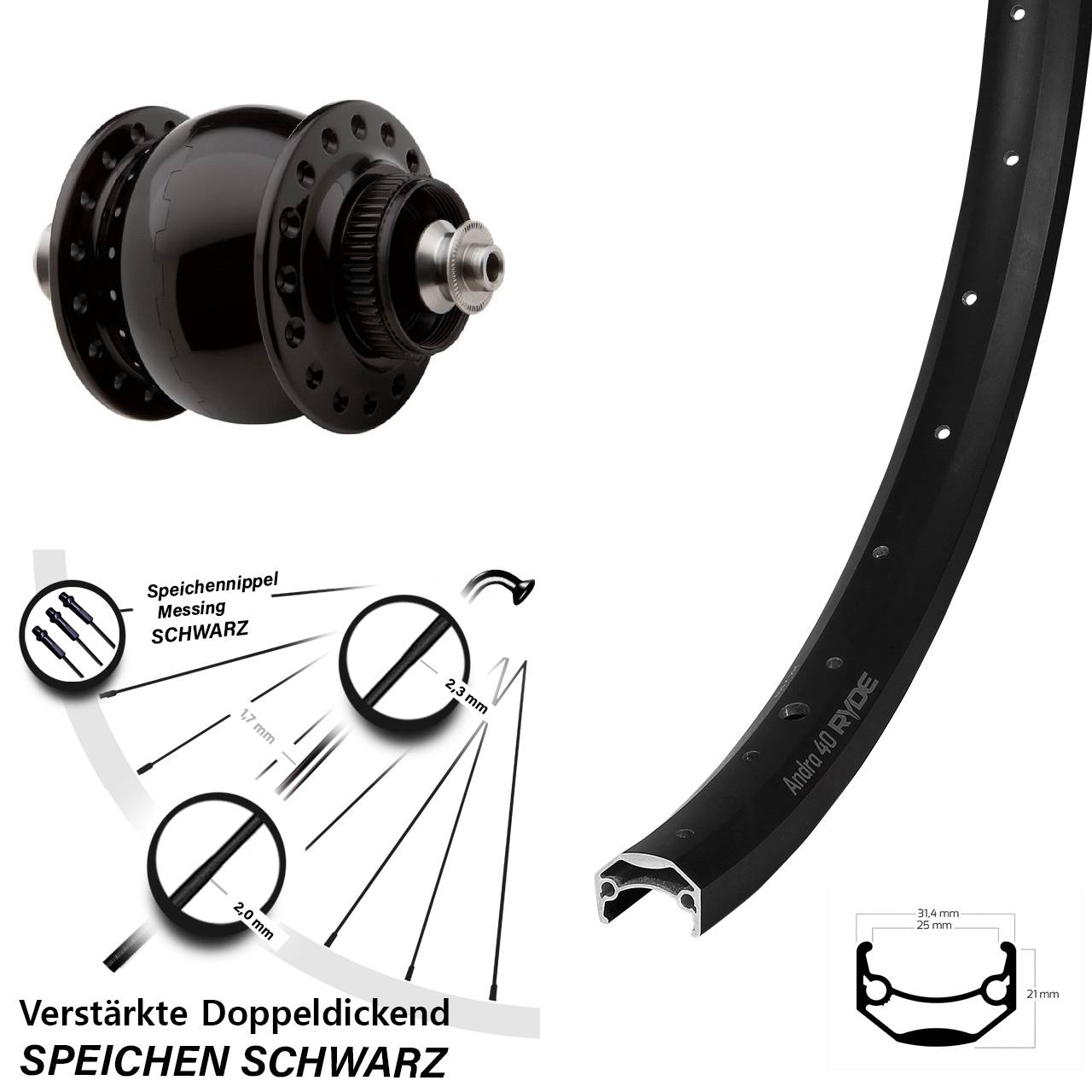 Nabendynamo-Vorderrad Centerlock 26 Zoll Ryde Andra 40 SON 28 QR