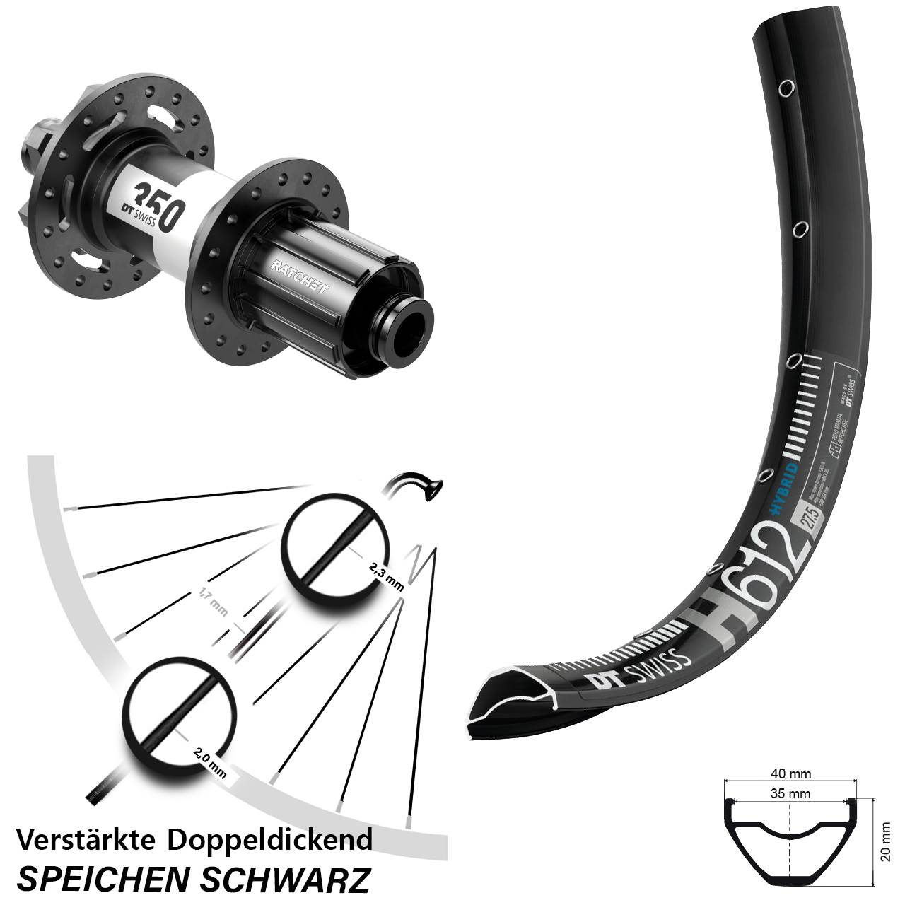 6-Loch Hinterrad 12x150 (DH alt) 27,5 Zoll DT Swiss H612-350 Downhill 8-11 fach