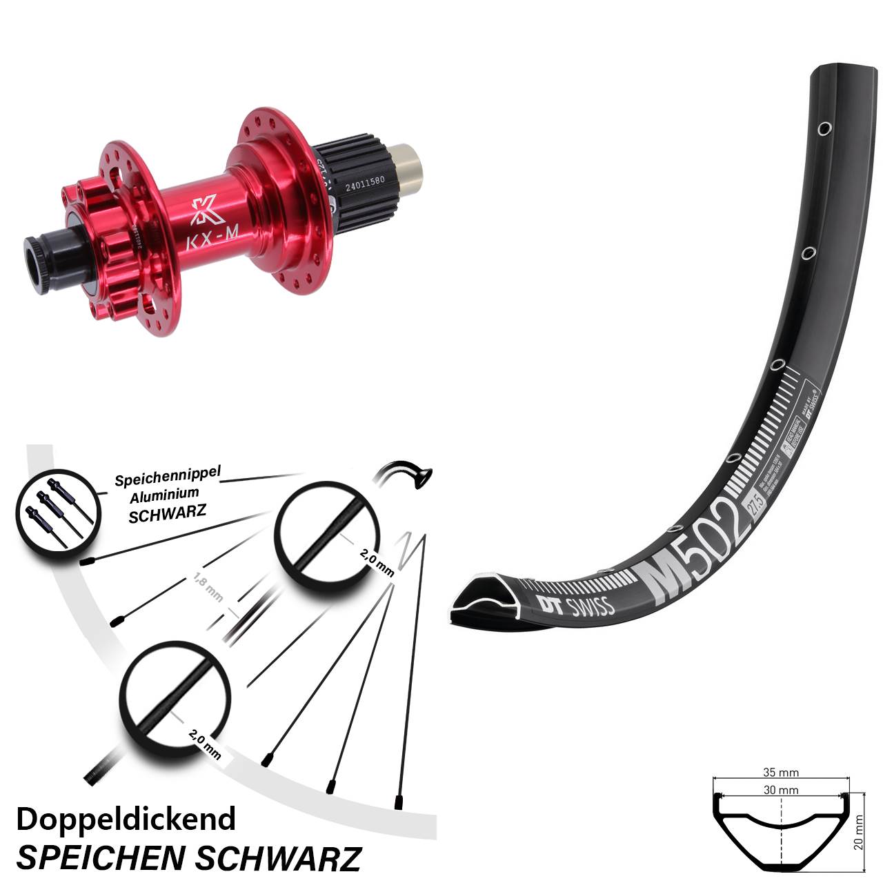 29 Zoll DT Swiss M 502 KX-M rot 6-Loch Hinterrad 12x142 Shimano Micro Spline