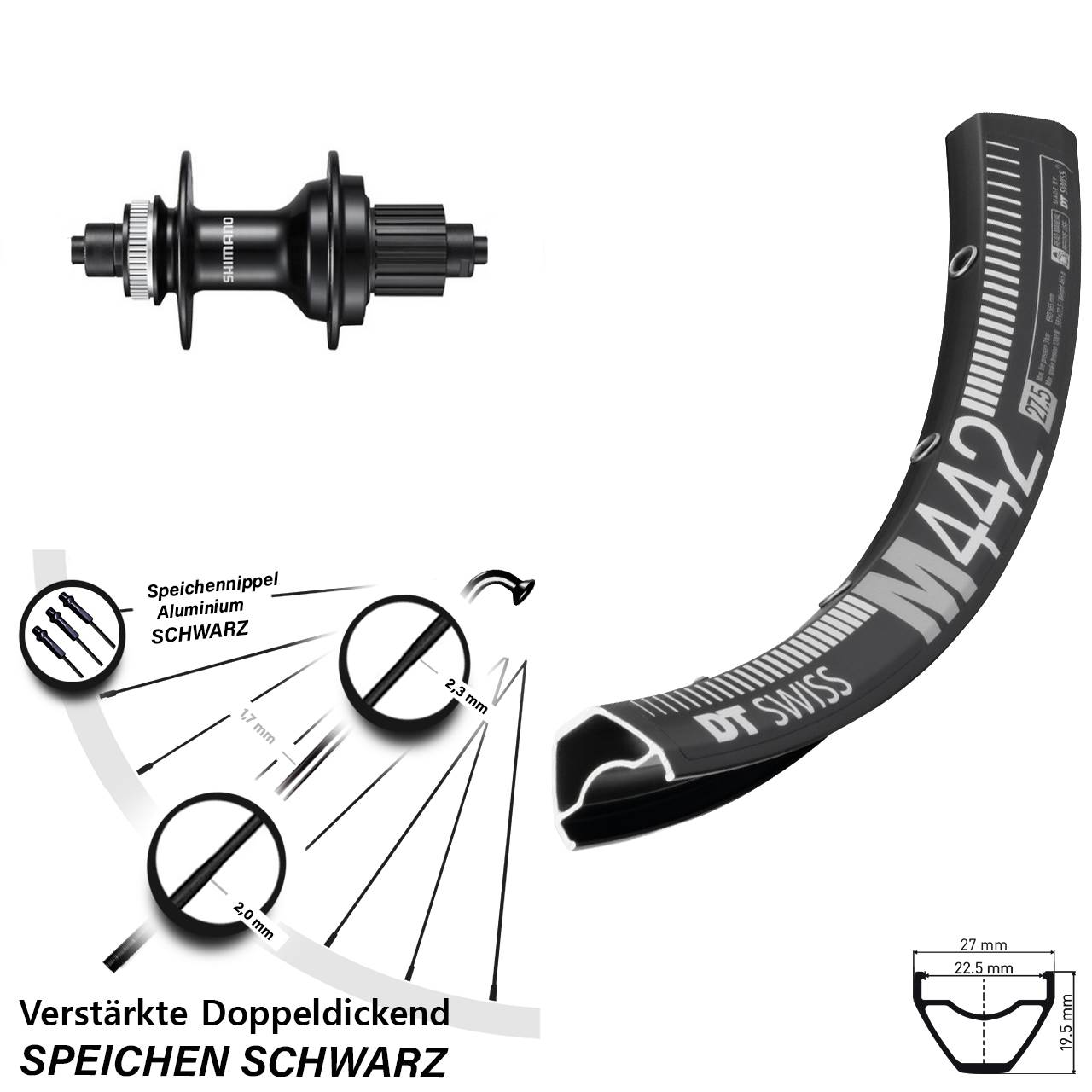 DT Swiss M442 Shimano FH-MT500 28-29 Zoll Hinterrad Centerlock QR Micro Spline