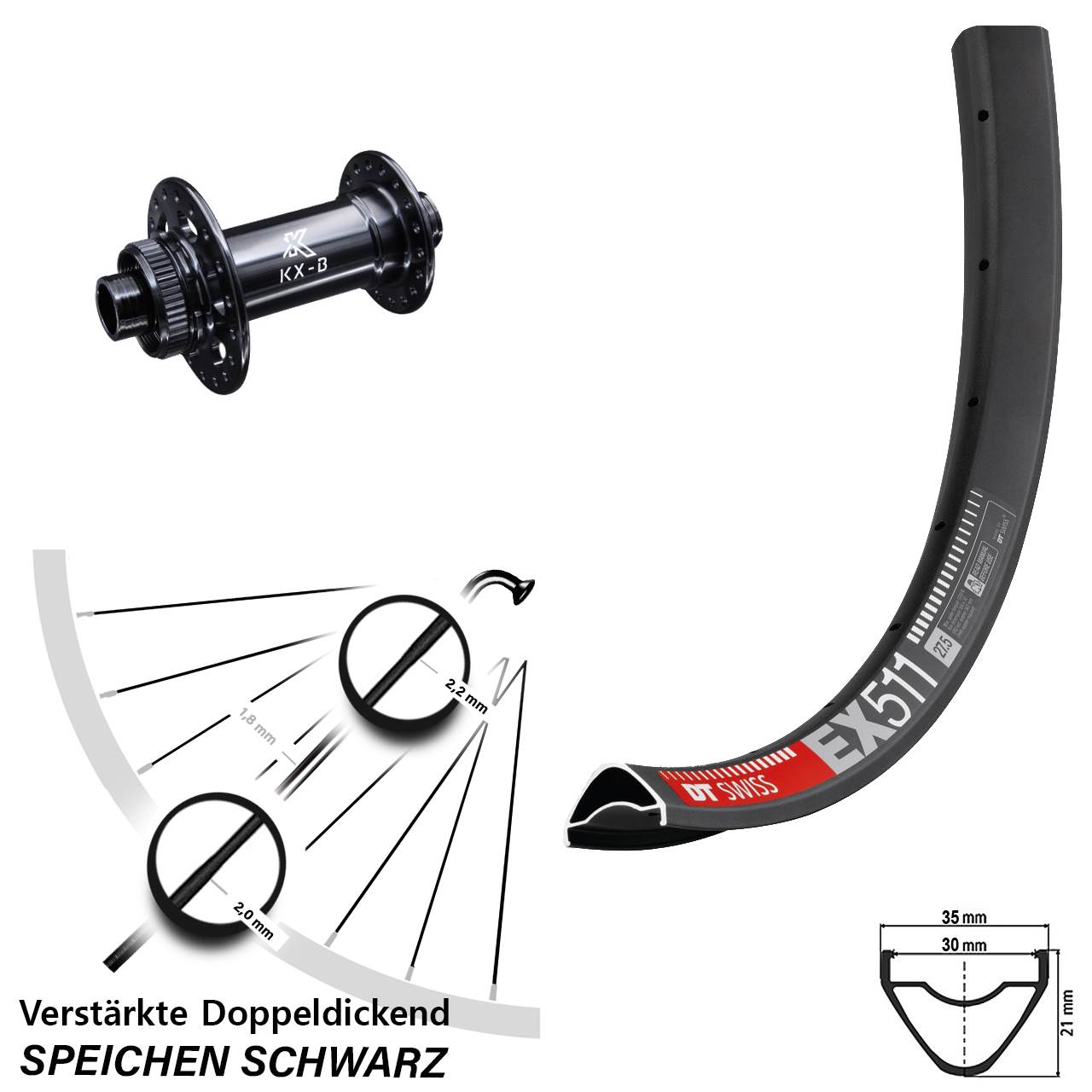 verstärktes 27,5 Zoll Vorderrad DT Swiss EX 511 mit KX-Boost 15x110 Nabe