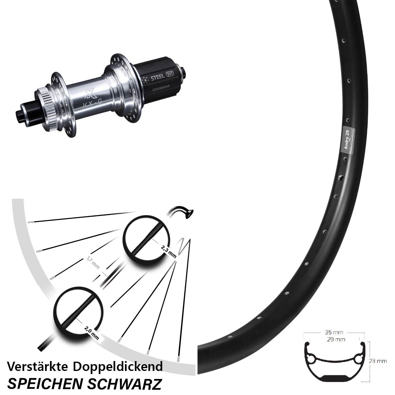 27,5 Zoll Ryde Andra 29 KX-GS verstärkt Hinterrad Centerlock QR 8-12 fach HG