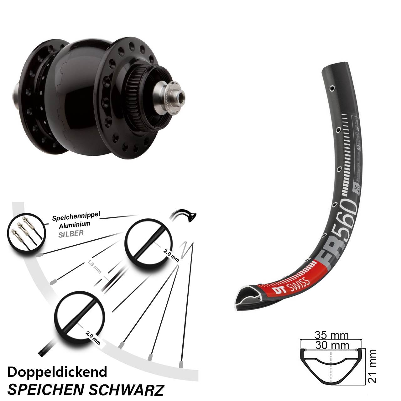 Centerlock Vorderrad mit Dynamo 26 Zoll DT Swiss FR560 SON 28 für Schnellspanner