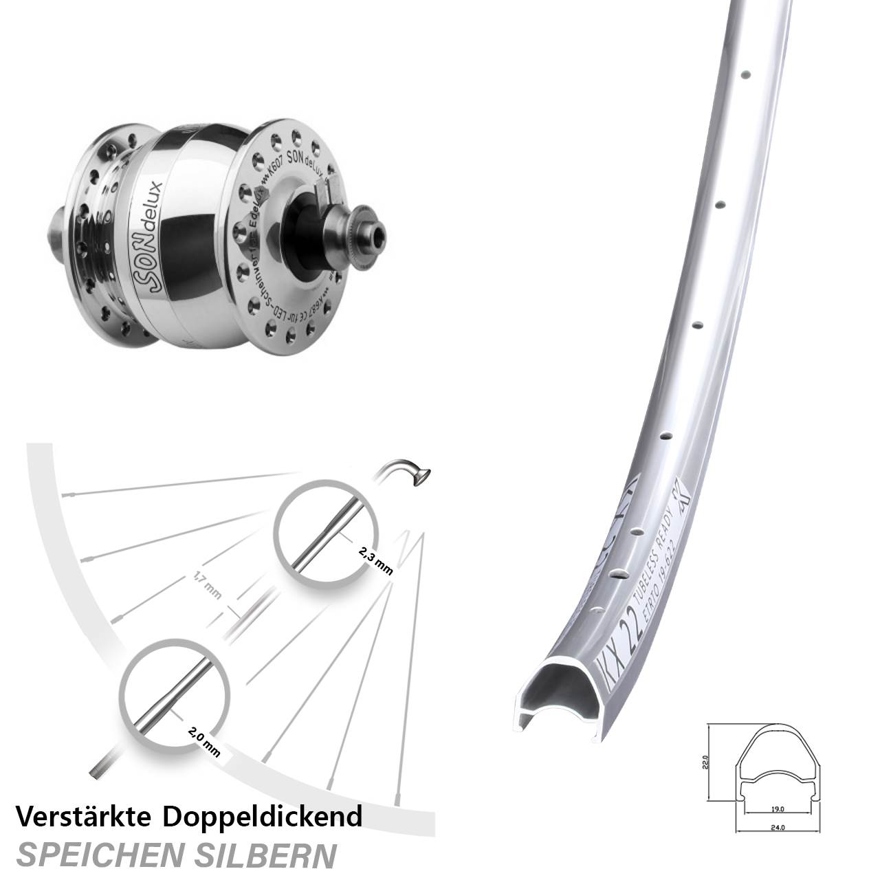 Vorderrad 28 Zoll KX 22 silbern SON delux Felgenbremse QR silbern poliert
