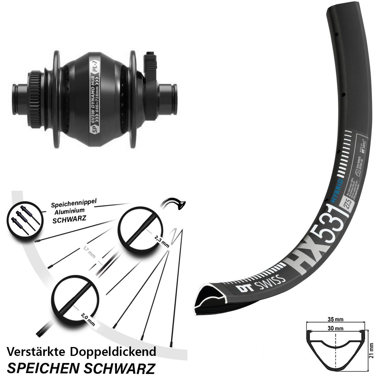 29 Zoll DT Swiss HX531 Shutter PL-7 Dynamo-Vorderrad Centerlock 12x100