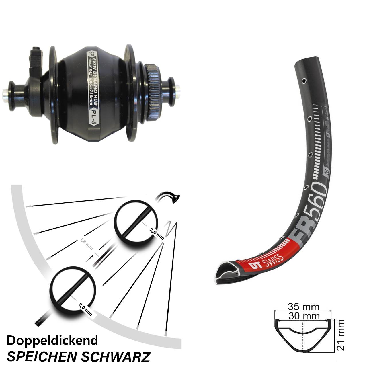 Disc Nabendynamovorderrad 26 Zoll DT Swiss FR 560 Shutter PL-8 QR