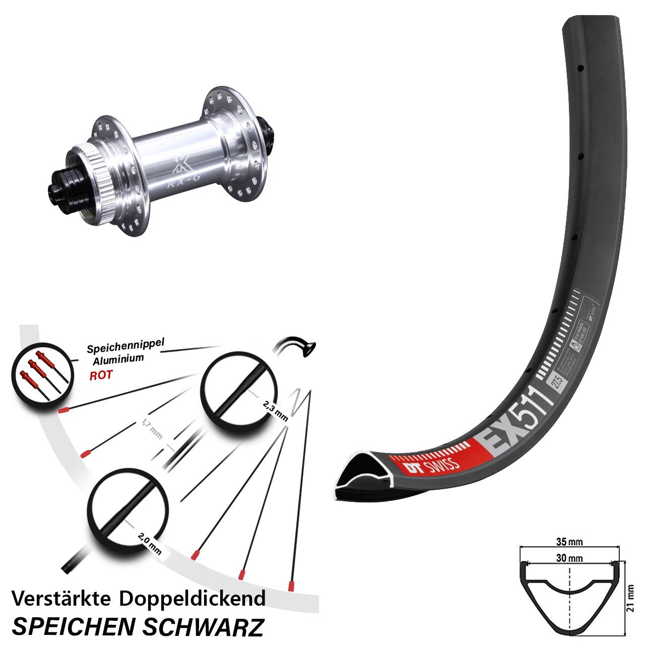 verstärktes 29 Zoll Vorderrad DT Swiss EX 511 mit KX-G Schnellspanner silbern