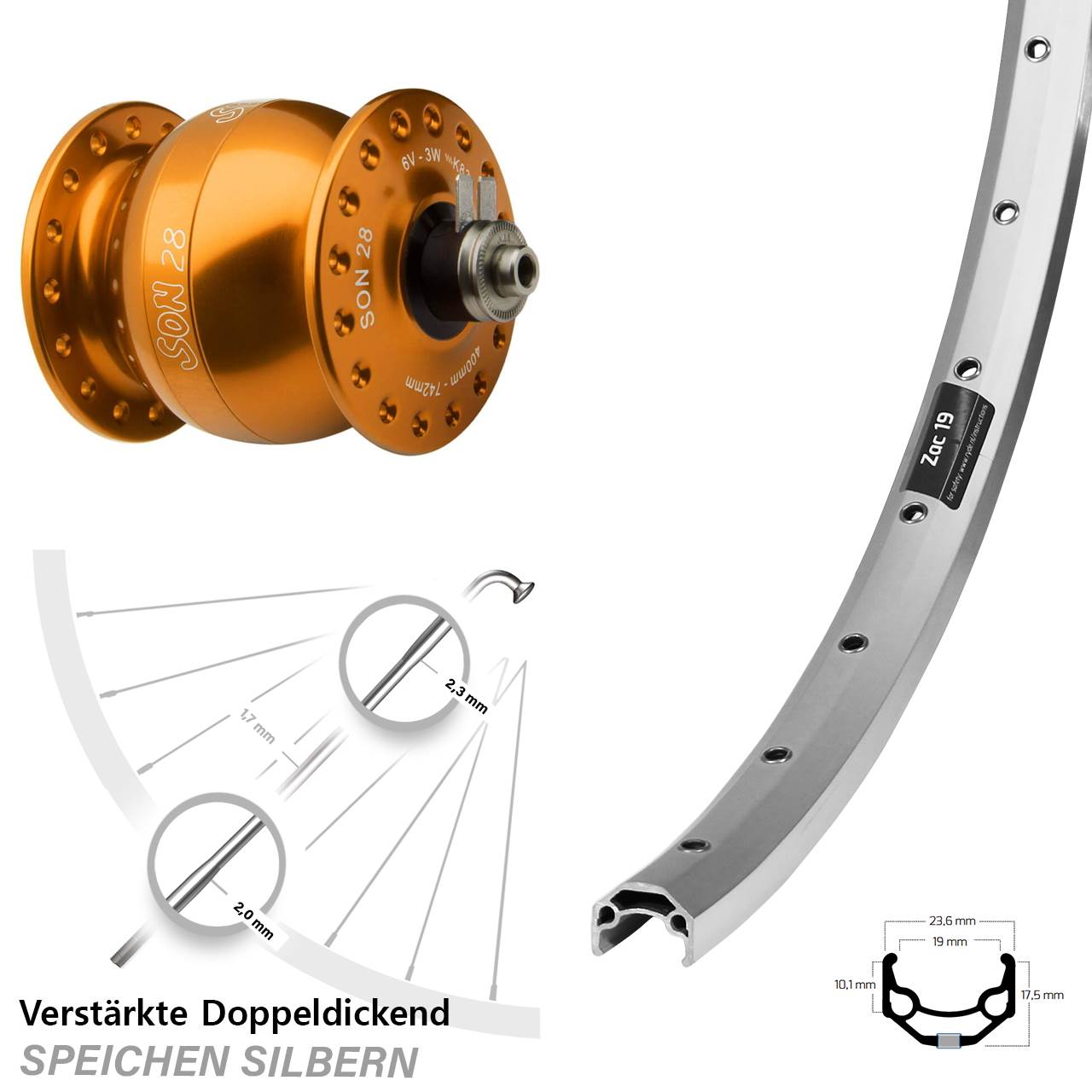 Vorderrad mit Nabendynamo 26 Zoll Ryde Zac 19 SON 28 orange QR