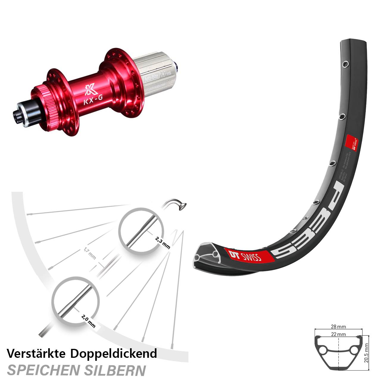 DT Swiss 533 D KX-G rot 28-29 Zoll Disc Hinterrad für Schnellspanner 8-12 fach HG