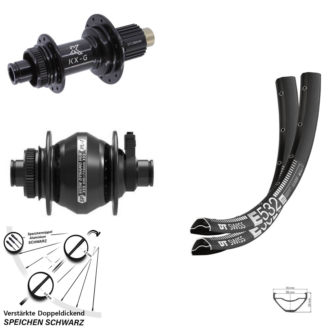27,5 Zoll DT Swiss E532 KX-G Steckachse SP PL-7 Laufradsatz Disc 12x100/142 Micro Spline