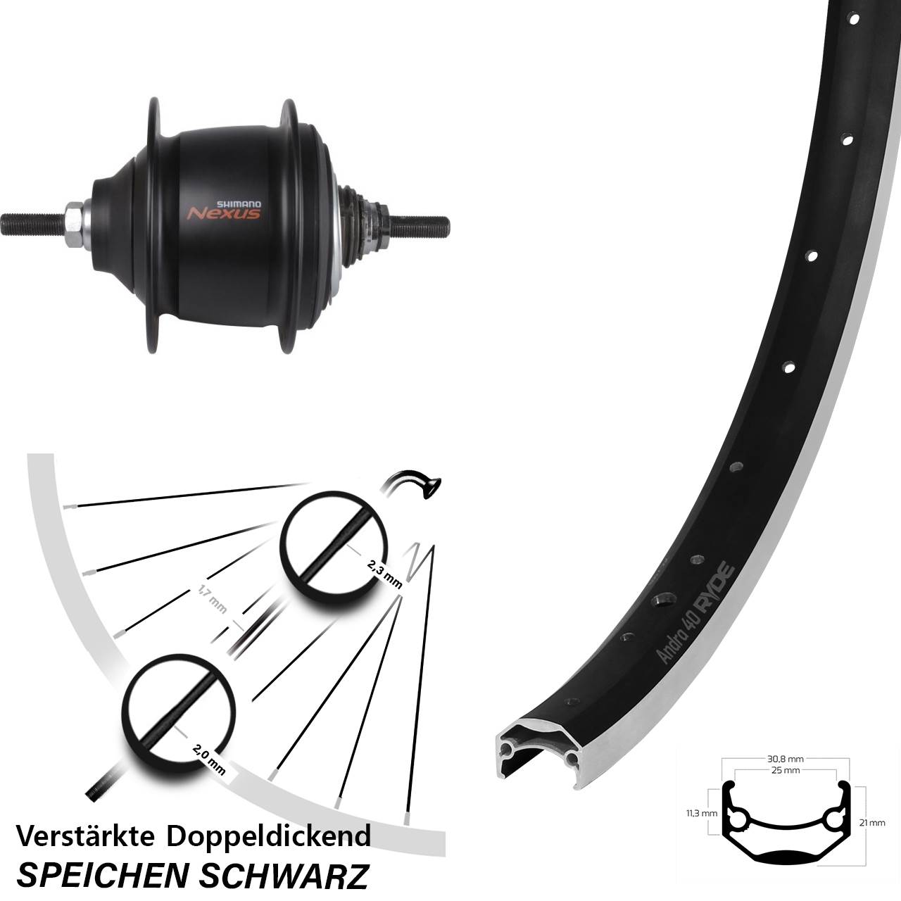 Hinterrad 20 Zoll Ryde Andra 40 Shimano Nexus 8 Gang Premium