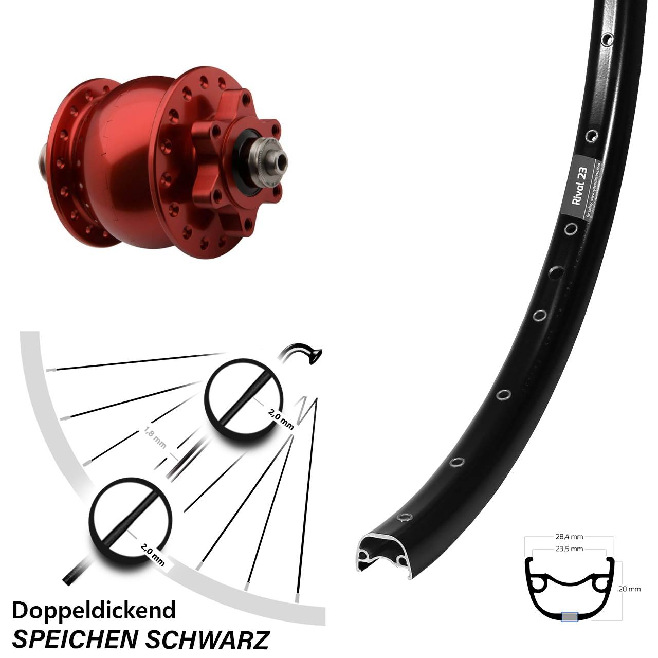 Disc Laufrad mit Nabendynamo 27,5 Zoll Ryde Rival 23 SON 28 rot für Schnellspanner
