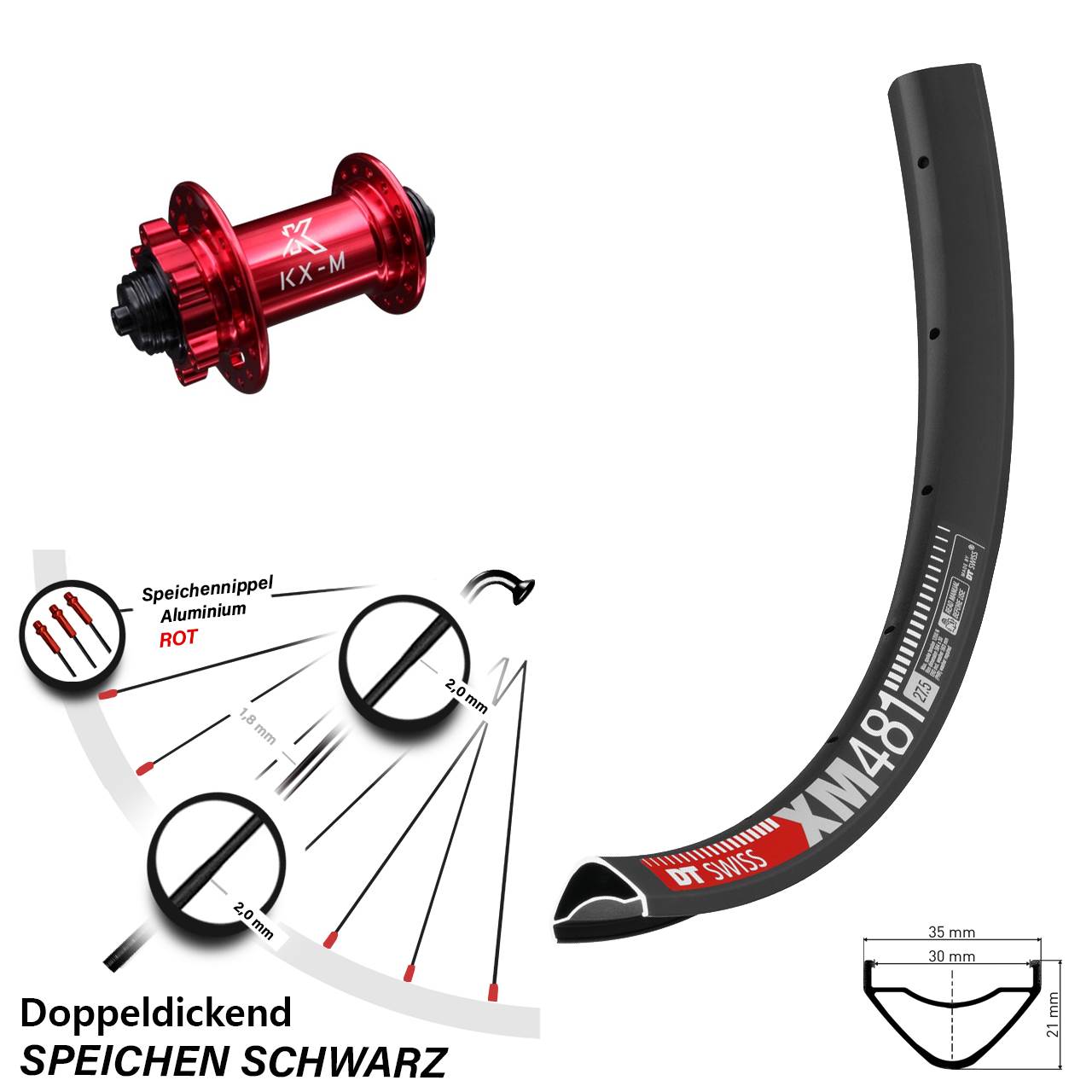 Vorderrad 6-Loch 27,5 Zoll DT Swiss XM481 KX-M rot QR