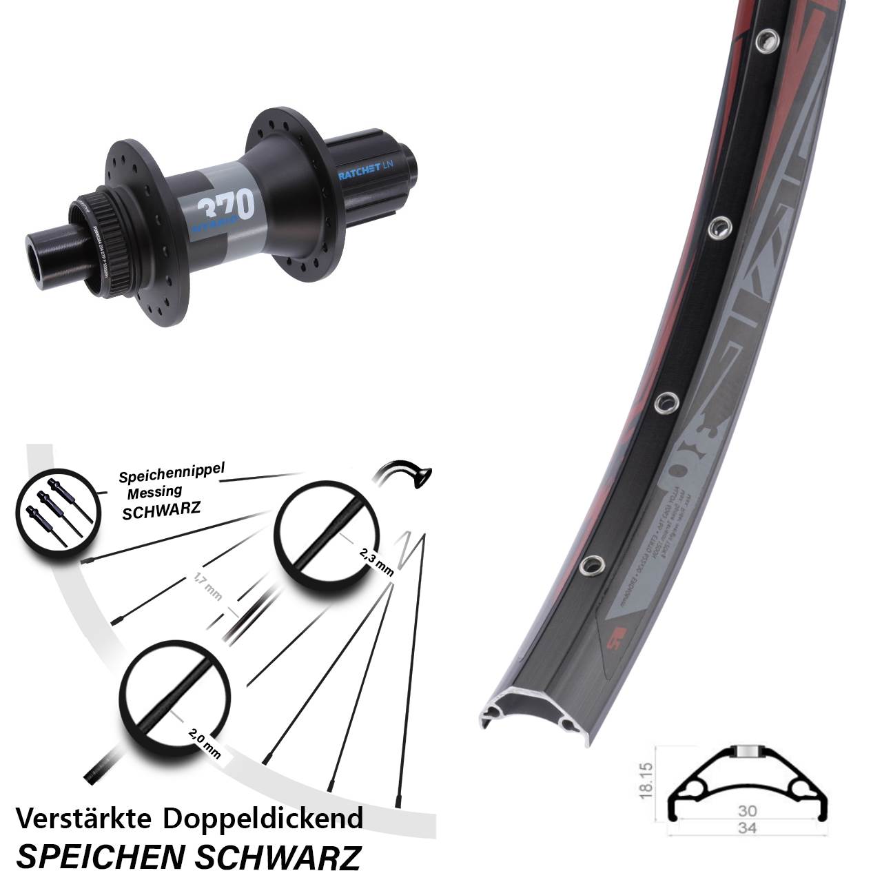 Hinterrad 29 Zoll Rodi TRYP30 DT Swiss 370 Hybrid 8-11 fach HG 12x148